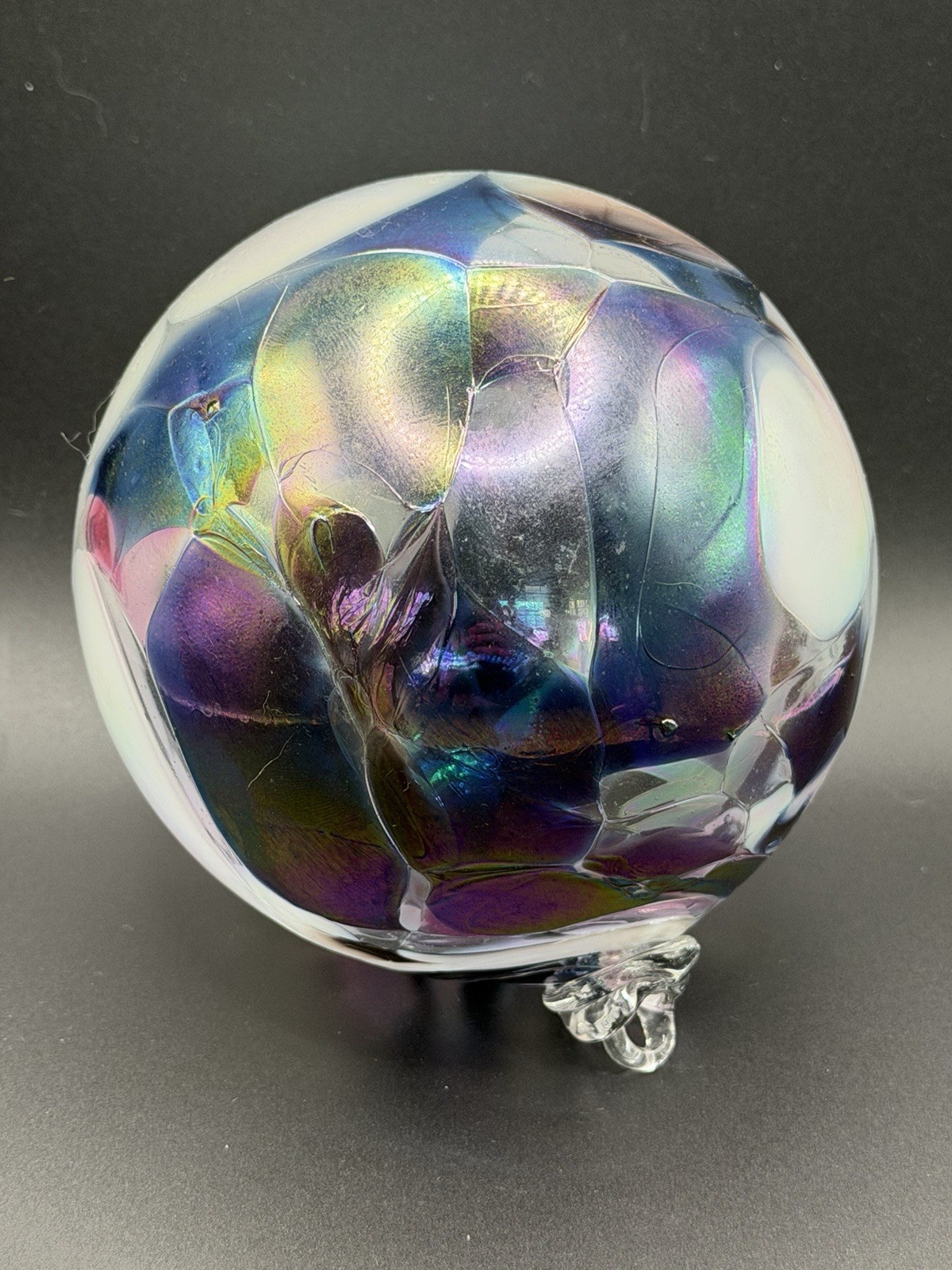 Large 4” Studio Art Glass Hand Blown Spotted Purple Iridescent Ball Ornament
