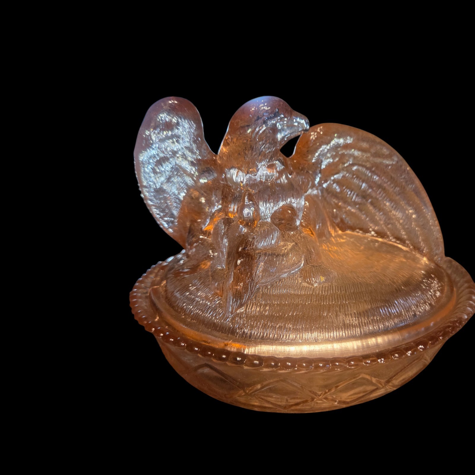 Vtg Westmoreland Nesting Eagle on Nest Basket Pink Glass 6×7.25×6 Candy Dish SEE