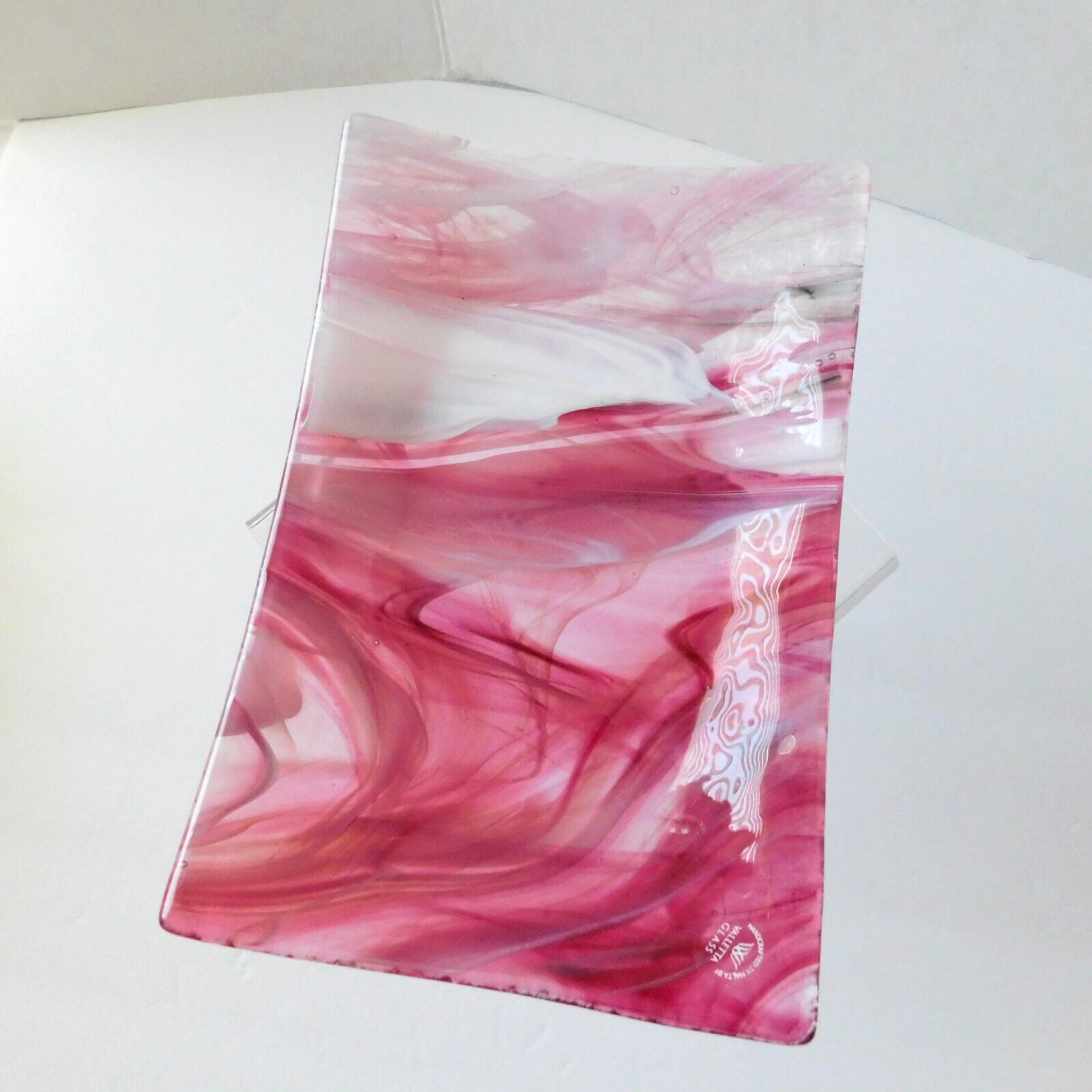 Valletta, Malta Art Blown Glass Pink Candy Dish, 8×5 Marbled Swirl Rectangle EUC
