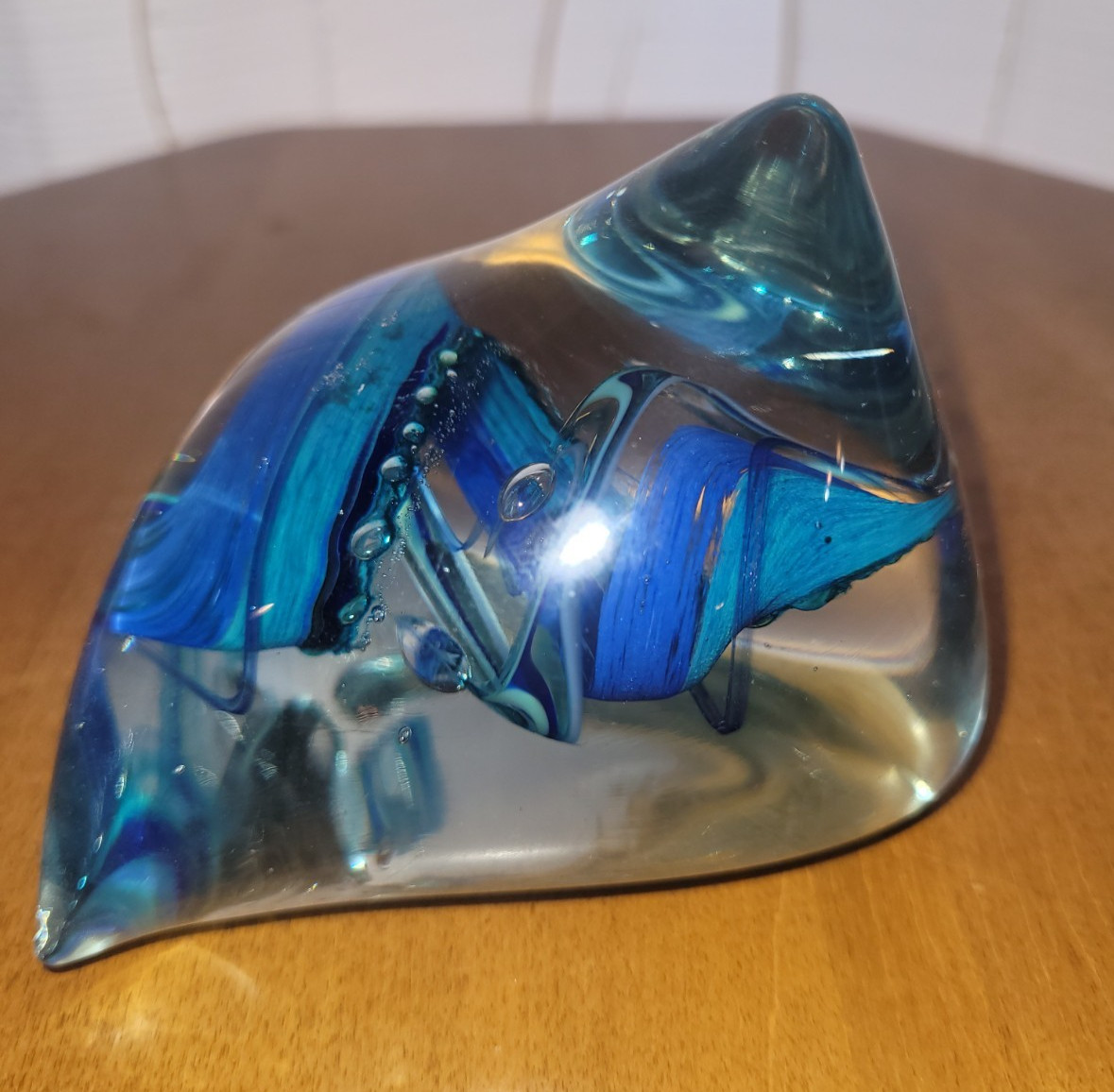 Clear and Blue Glass Paperweight Marked Jerusalem 3 Inches wide