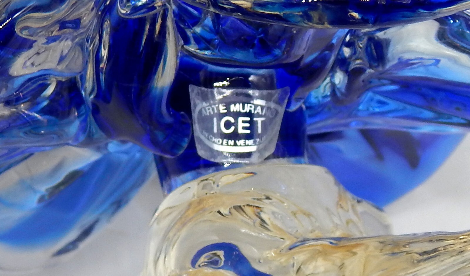 VTG Icet Murano Style Art Glass Blue Clear Flower Petal Candle Holder Venezuela