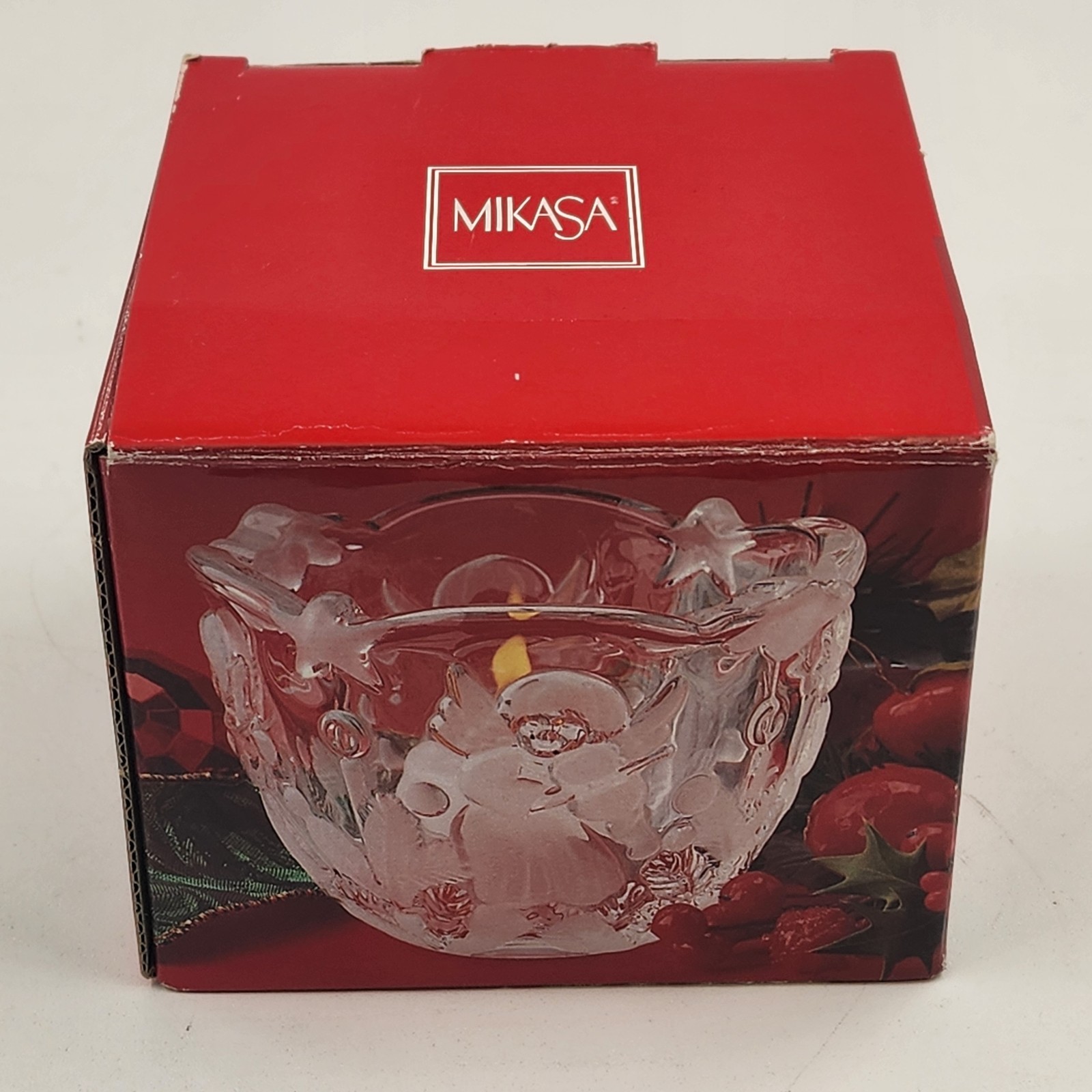 Mikasa Christmas Holiday Lights Candle Holder w Angels Crystal Frosted Glass 3″