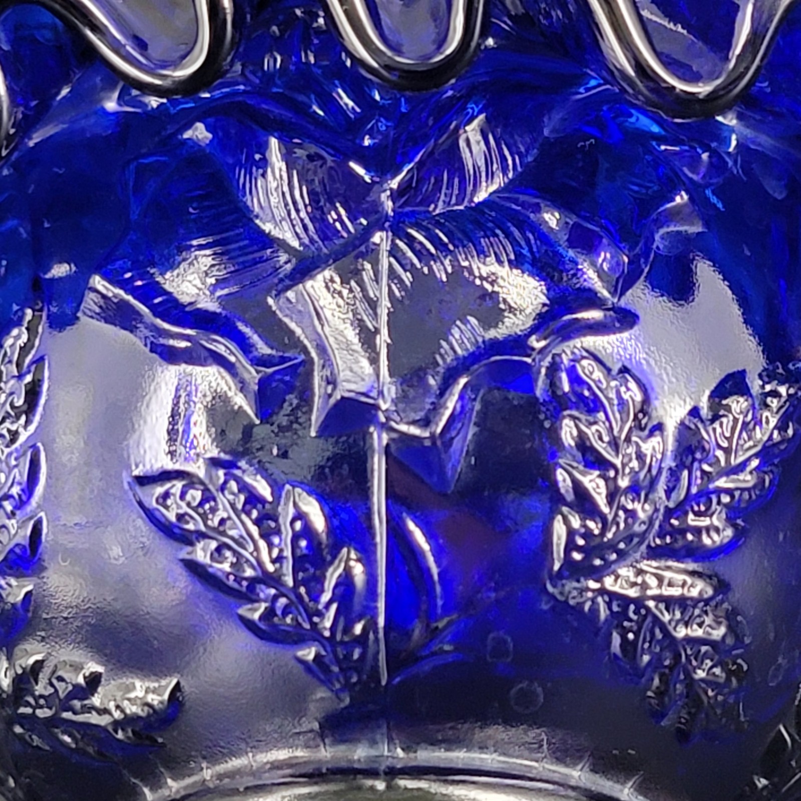 LG Wright Fairy Lamp Embossed Rose Cobalt Blue Glass Ruffled Edge BASE ONLY
