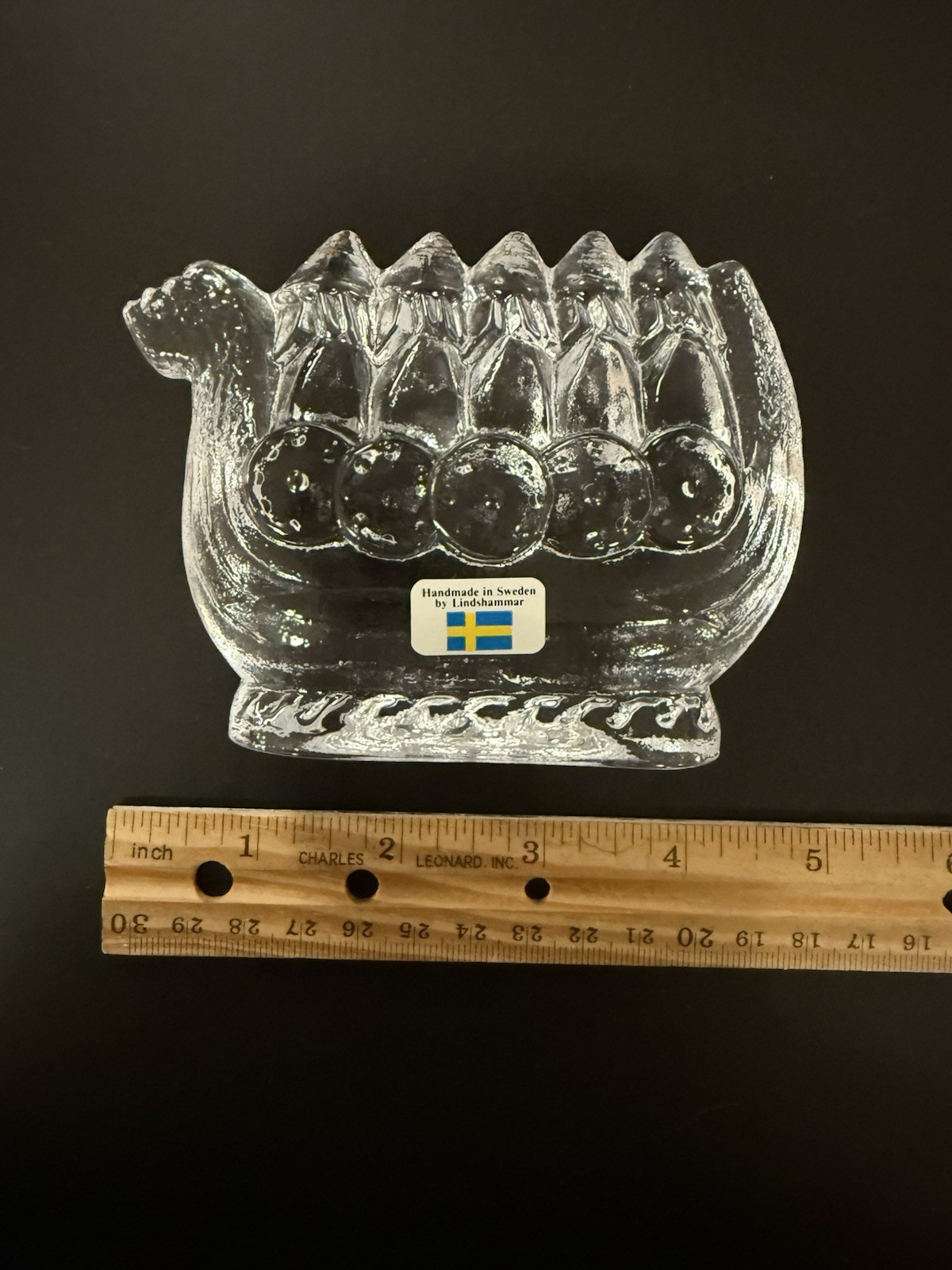 LINDSHAMMAR ART CRYSTAL GLASS SWEDEN VINTAGE 3 VIKING SHIPS PAPERWEIGHTS SET NOS