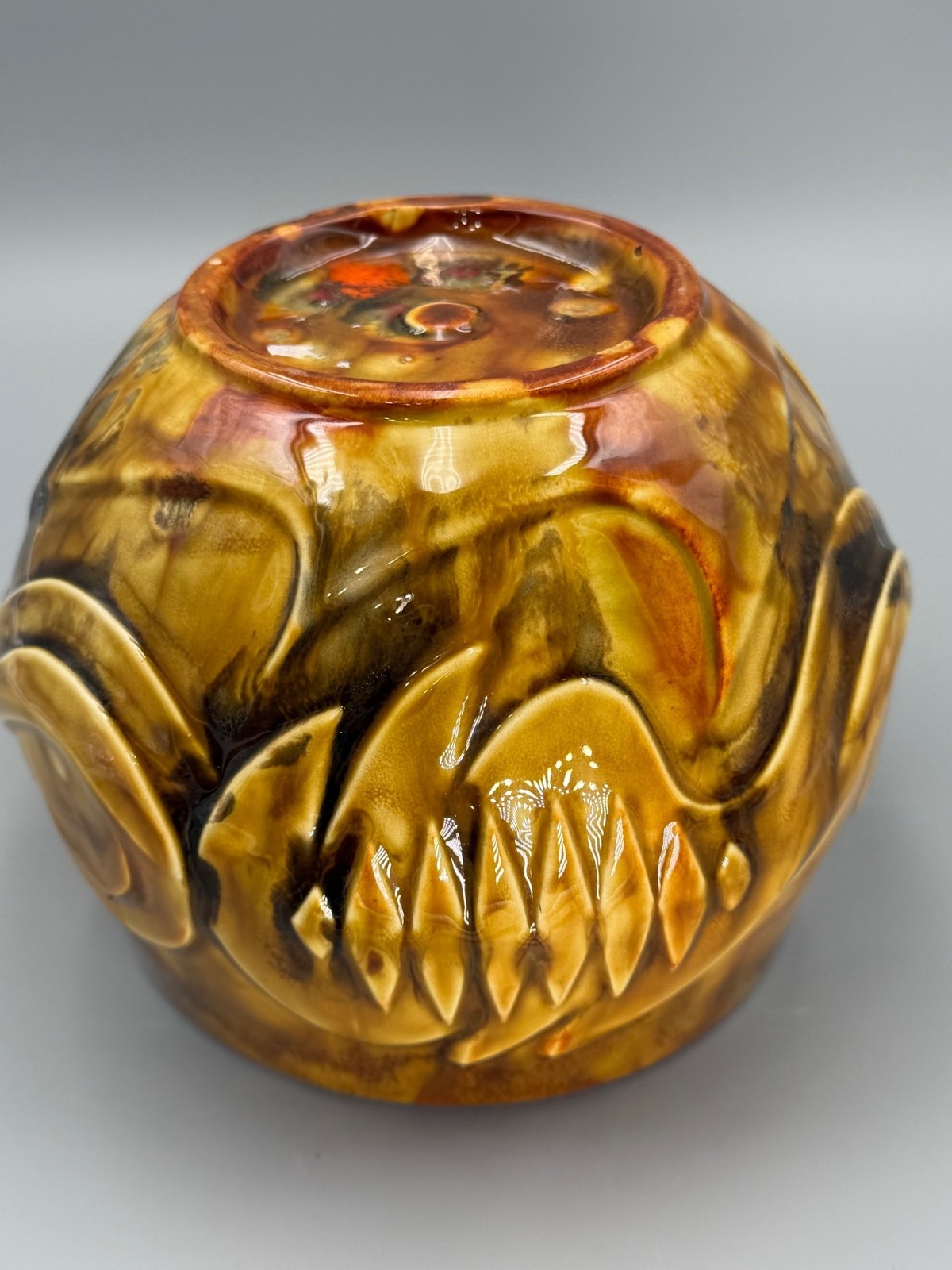 Vintage Brown Yellow Ceramic Glass Vase Bowl Planter Raised Signed Gold Rim