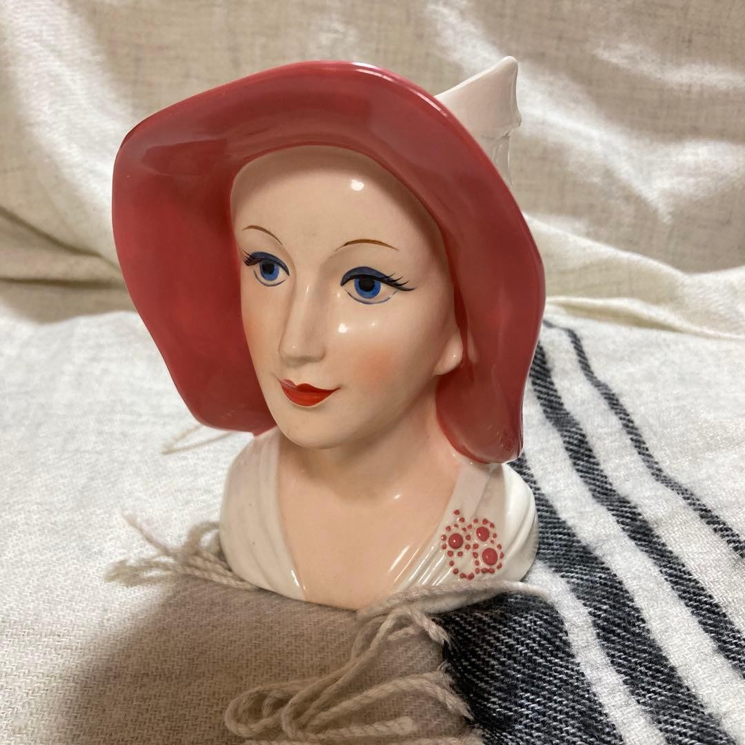 Lady Head Vase Pink Hat Vintage