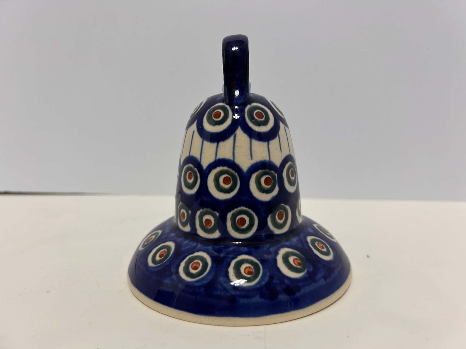 Polish Pottery Bell Blue Peacock Leaf Pattern HTF Rare