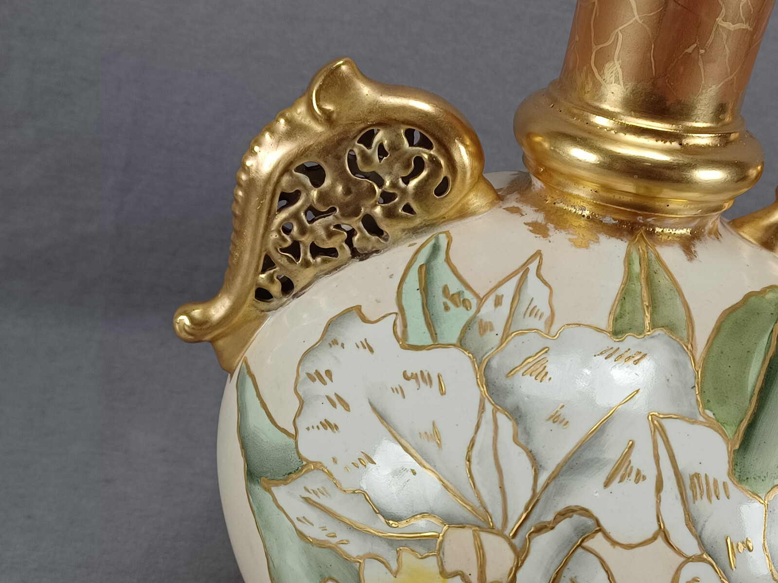 Faience Manufacturing Co Brooklyn NY Hand Painted Orchids Ivory & Gold Vase