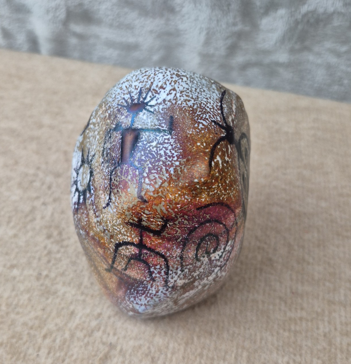 Richard Satava 1995 Hand Painted Petroglyph Art Glass Paperweight Tribal Signed