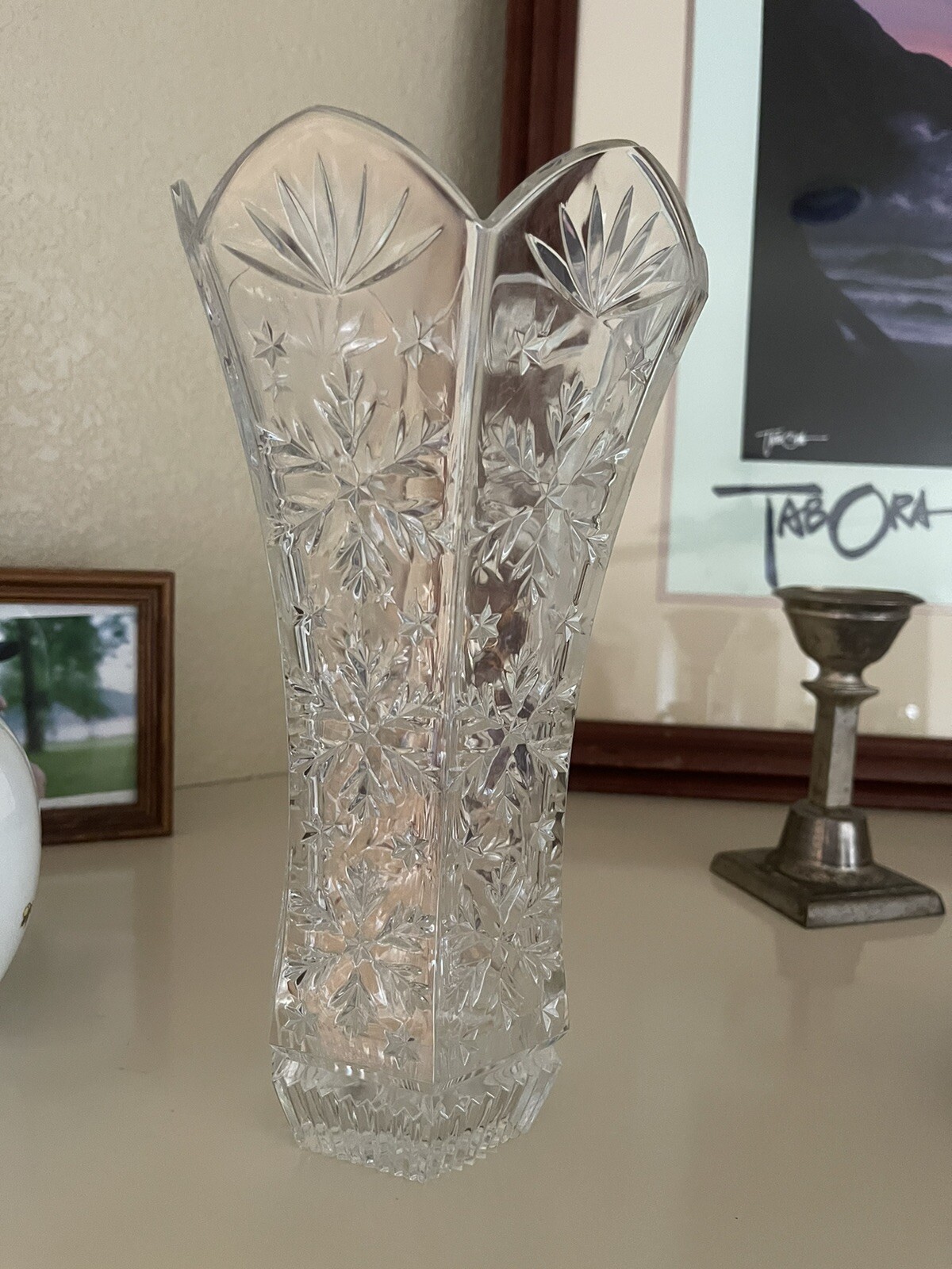 Vintage Heavy Lead Crystal 4 lb and 11 inch Cut Etched Floral Centerpiece Vase