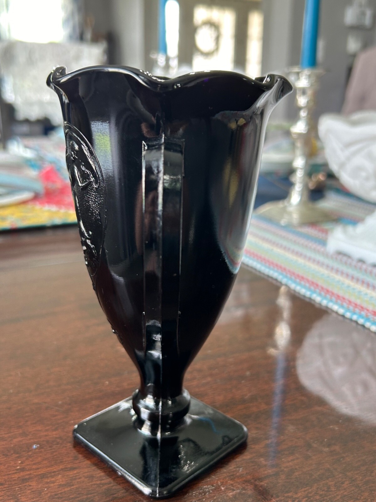 Vintage 1930’s LE Smith Black Amythest Glass Trophy Vase Dancing Nymph App 7 ¼”