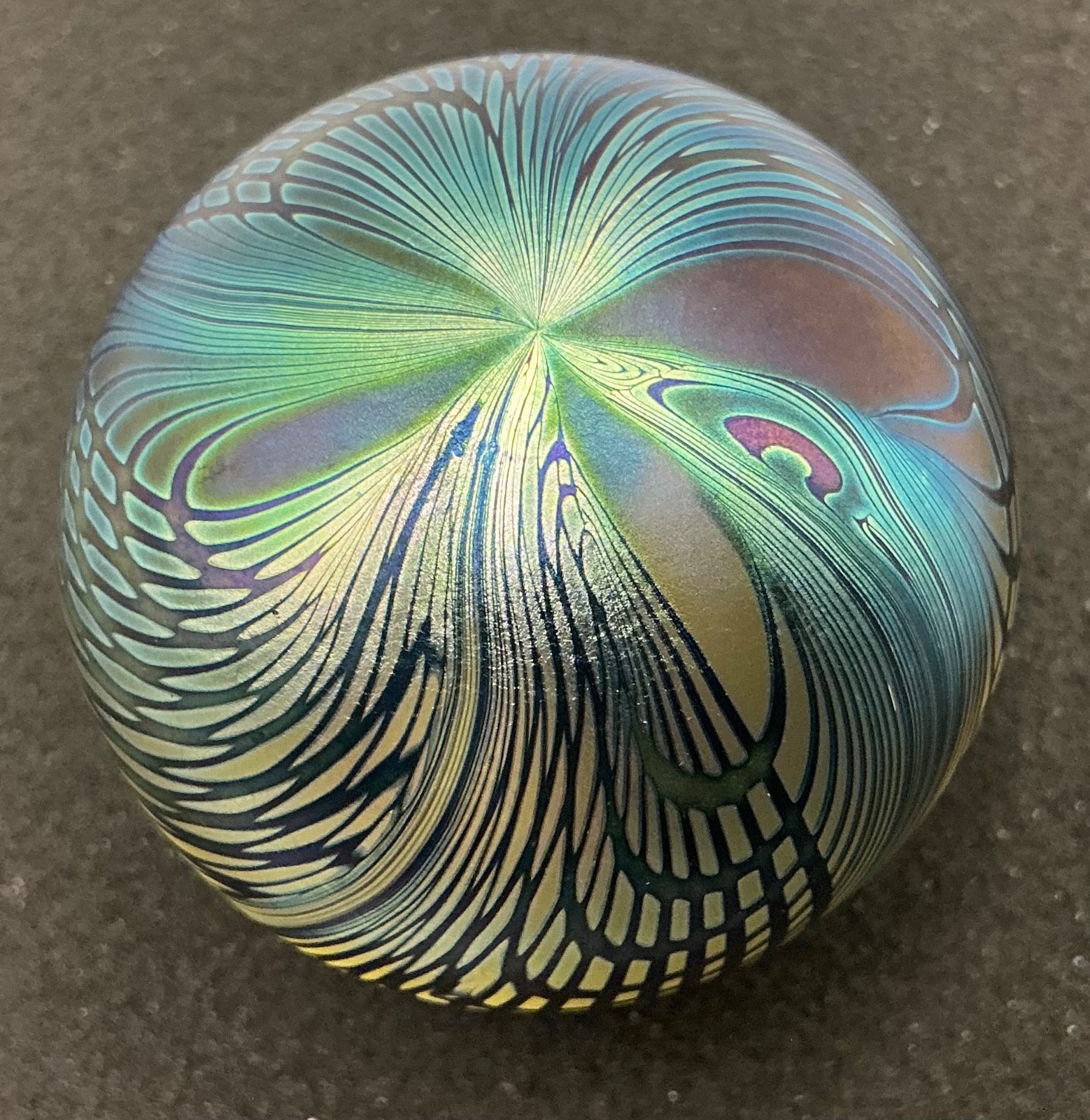 David Lotton Art Glass Iridescent Paperweight Swirls Blue/Green 1984-Signed