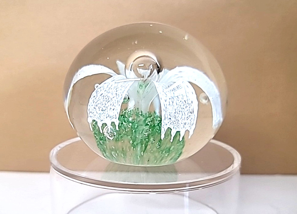 Hand Blown Art Glass Paperweight White Flower w/Controlled Bubble and Green