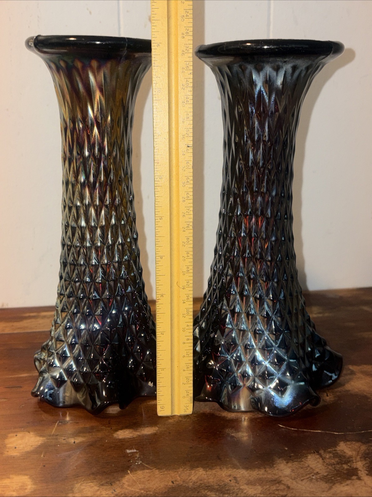 VTG Northwood Diamond Point Dark Amethyst Carnival Glass 9″ Vase Set Of 2! 1900s