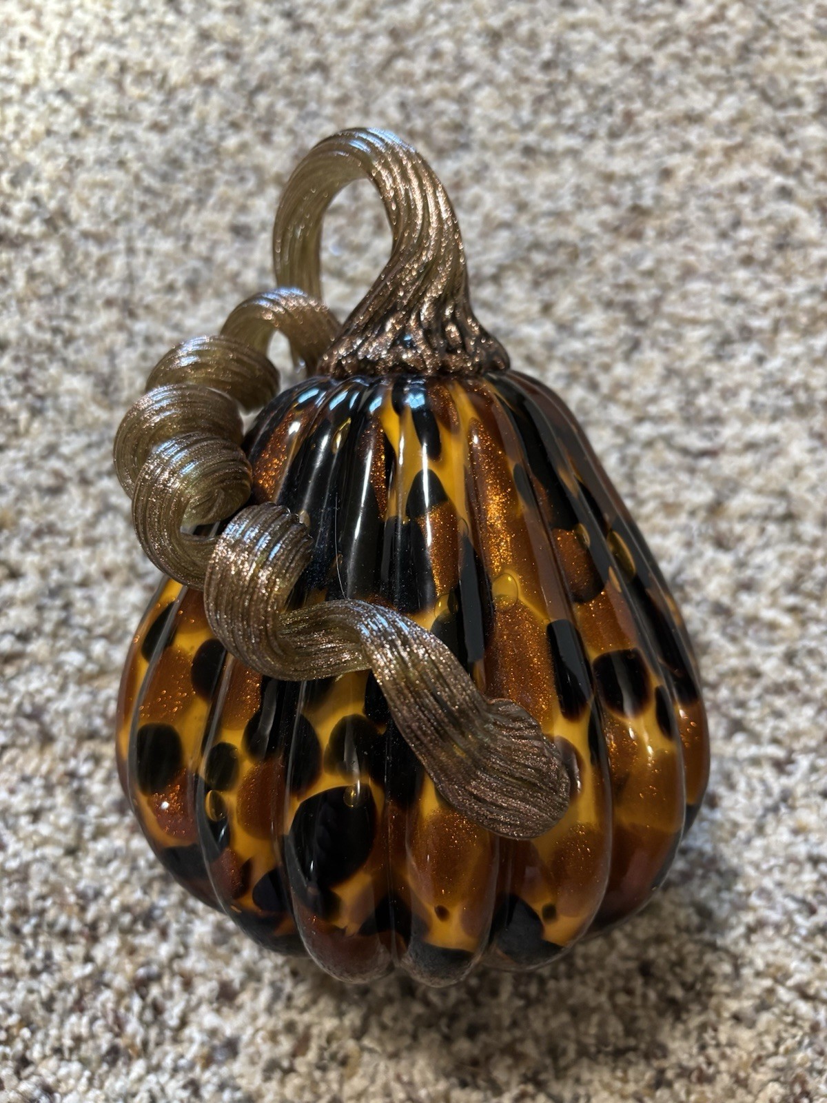 Art Glass Pumpkin Figurine Brown Black Gold Tortoise Shell Glossy Decorative