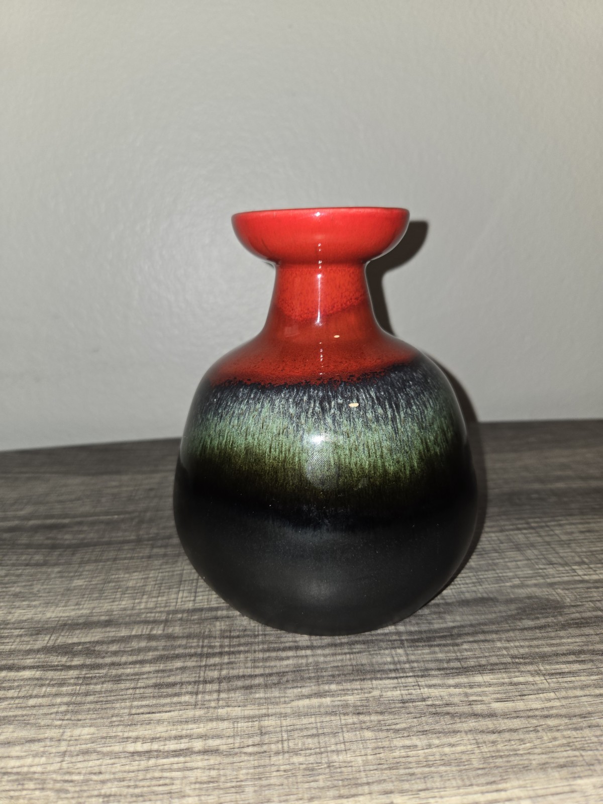 Hutschenreuther Style Fat Lava Bulbous Vase, Glossy Red, Green, And Black Matte