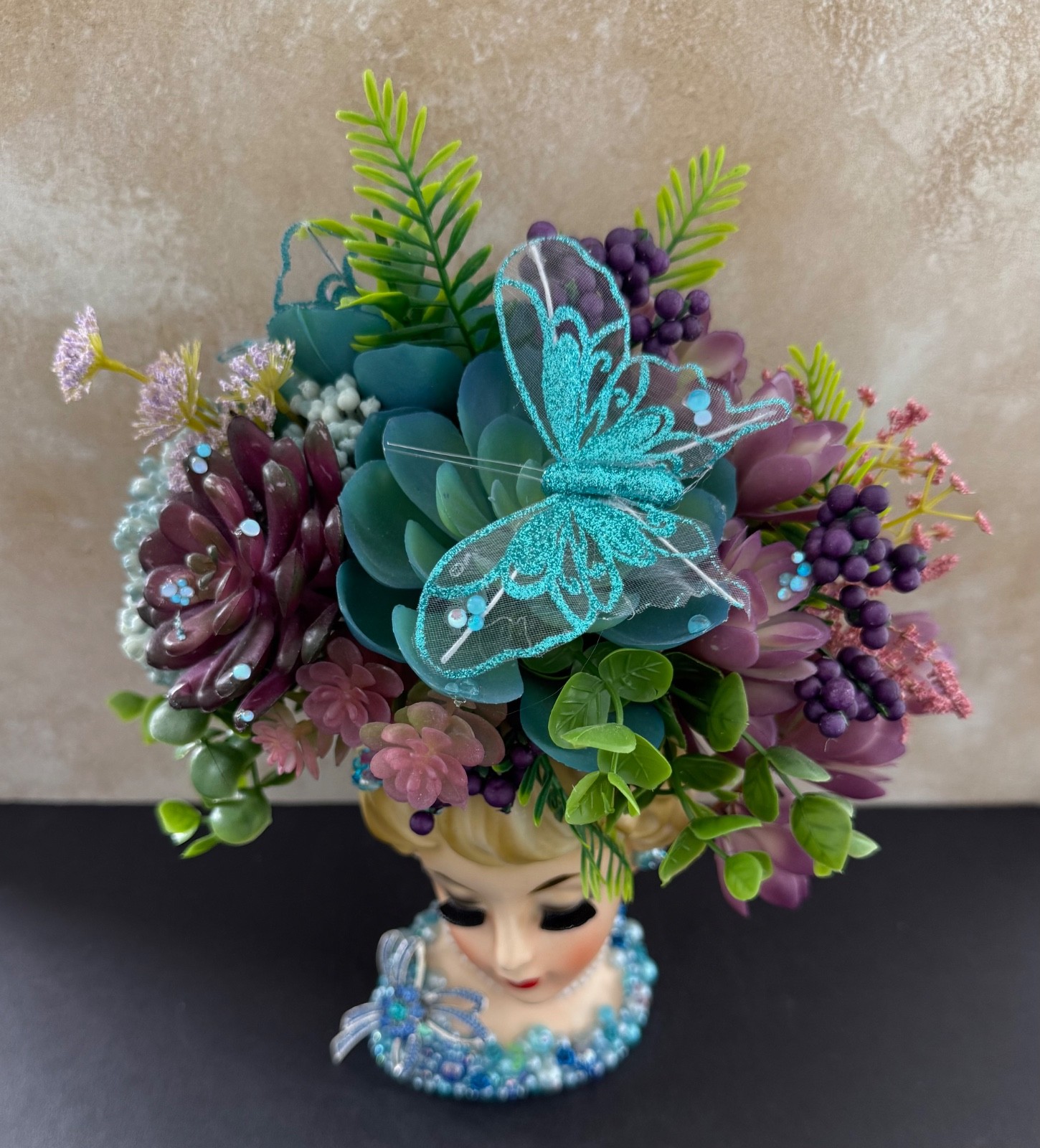 VINTAGE LADY HEAD VASE INARCO OOAK REIMAGINED “BLUE BUBBLES” OUTSTANDING 12”