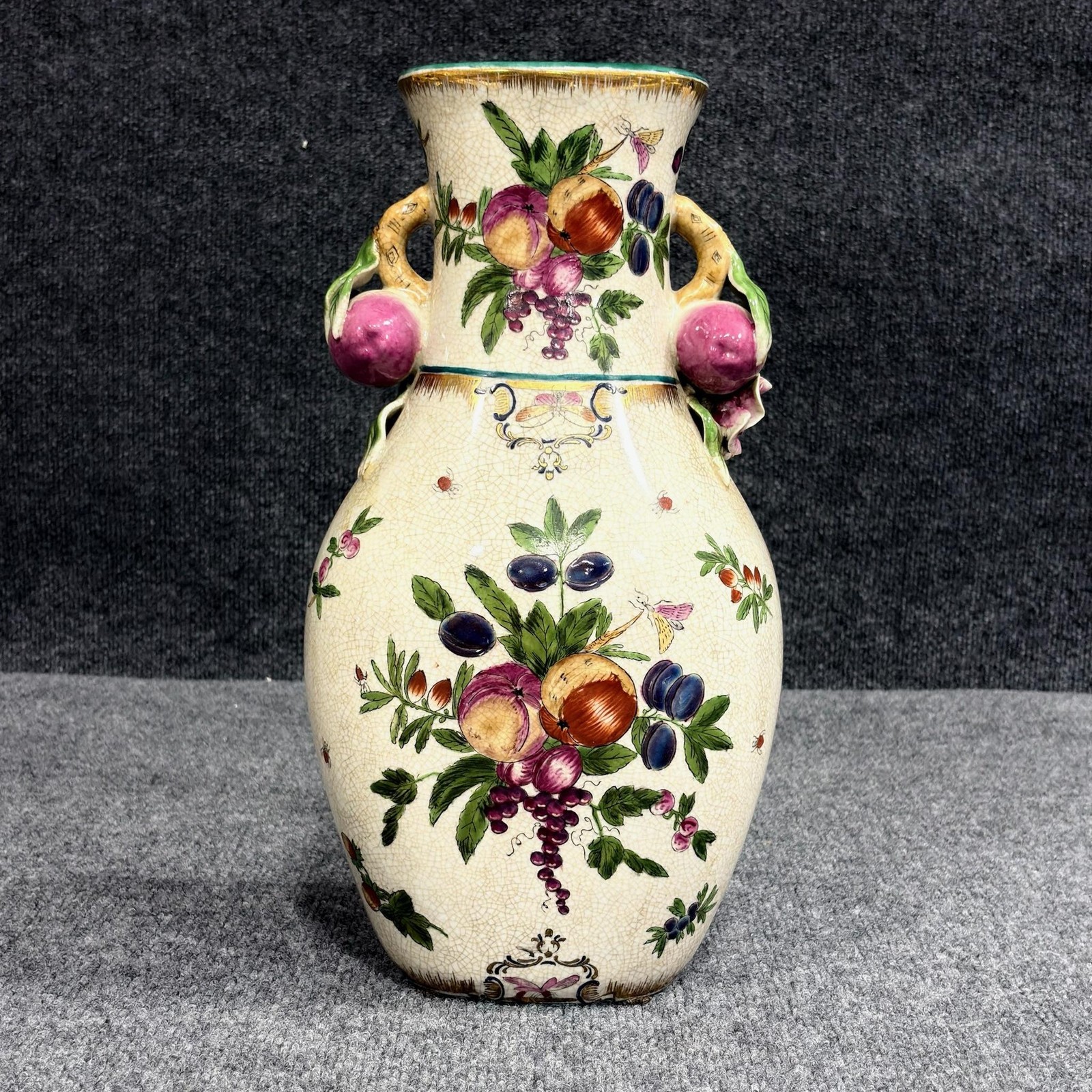 Vintage JUWC Majolica Vase Hand Painted Fruit Floral Handles European Large
