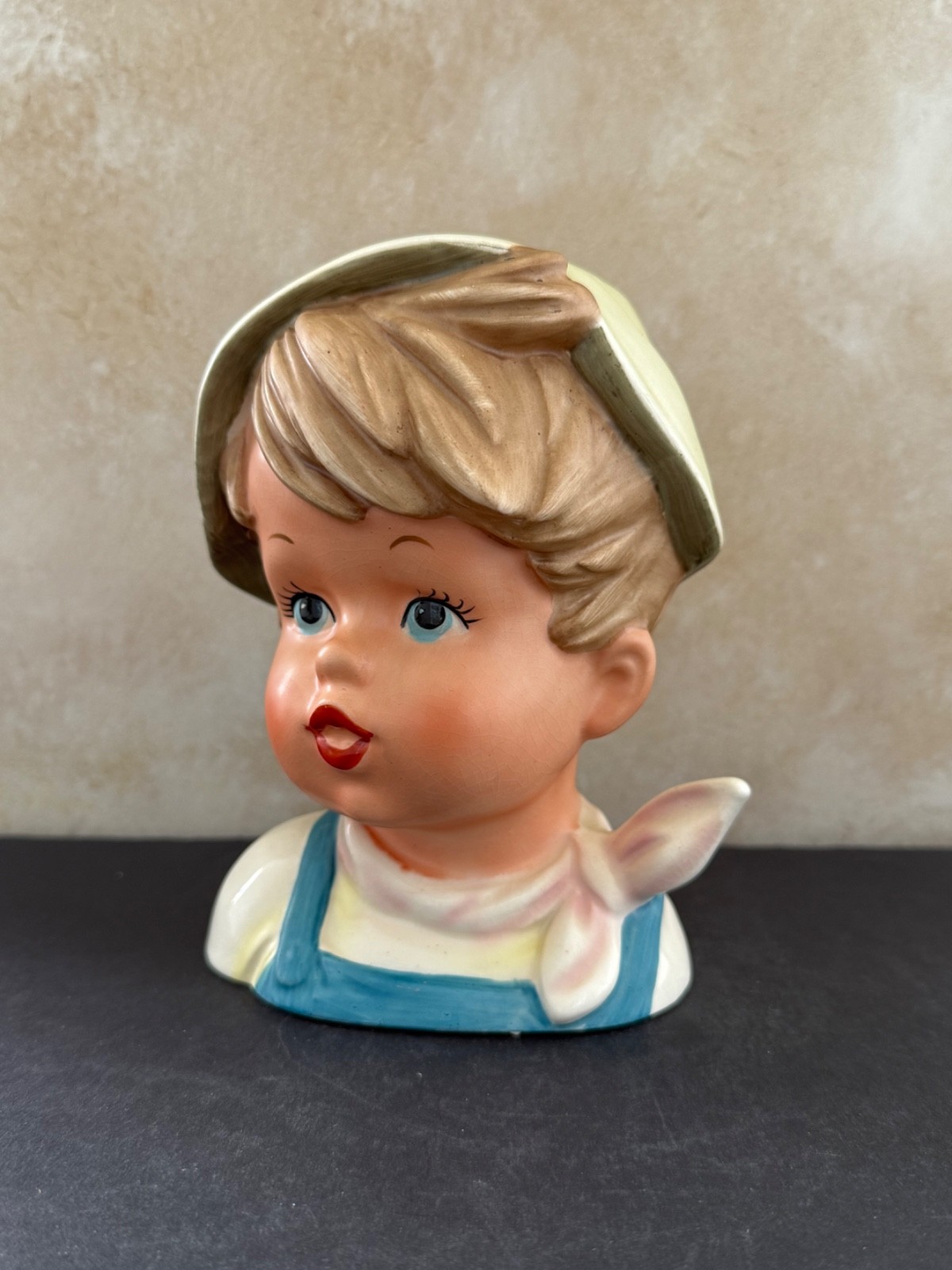 VINTAGE LADY HEAD VASE BRINNS BLONDE YOUNG BOY HAT SCARF 6.5”