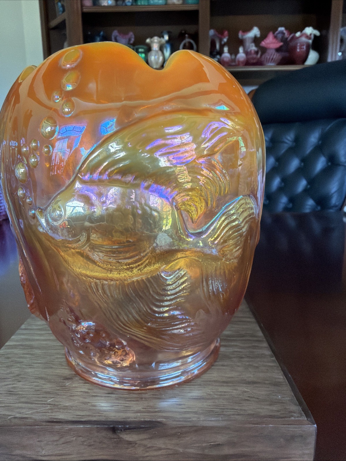 Gorgeous Fenton Iridescent Peach Opal Carnival Atlantis Koi Fish Vase Signed VTG