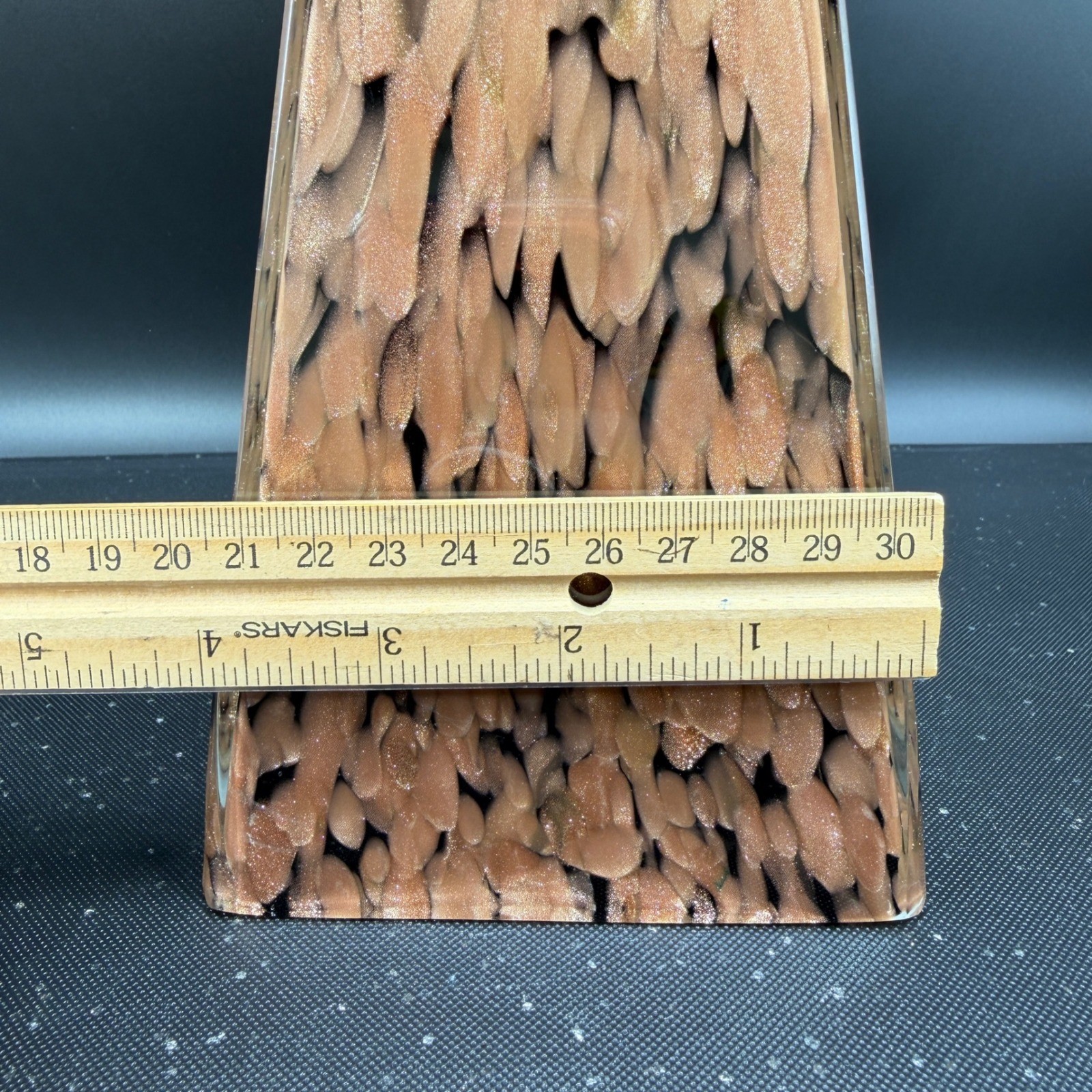 Art Glass Obelisk Paperweight Copper Glitter Black Swirl Heavy Pyramid 11.5 Inch