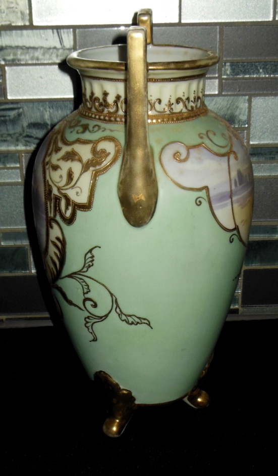 ANTIQUE NIPPON DOUBLE HANDLE LARGE VASE GOLD GILDING PAINTED COTTAGE LAKE SCENE