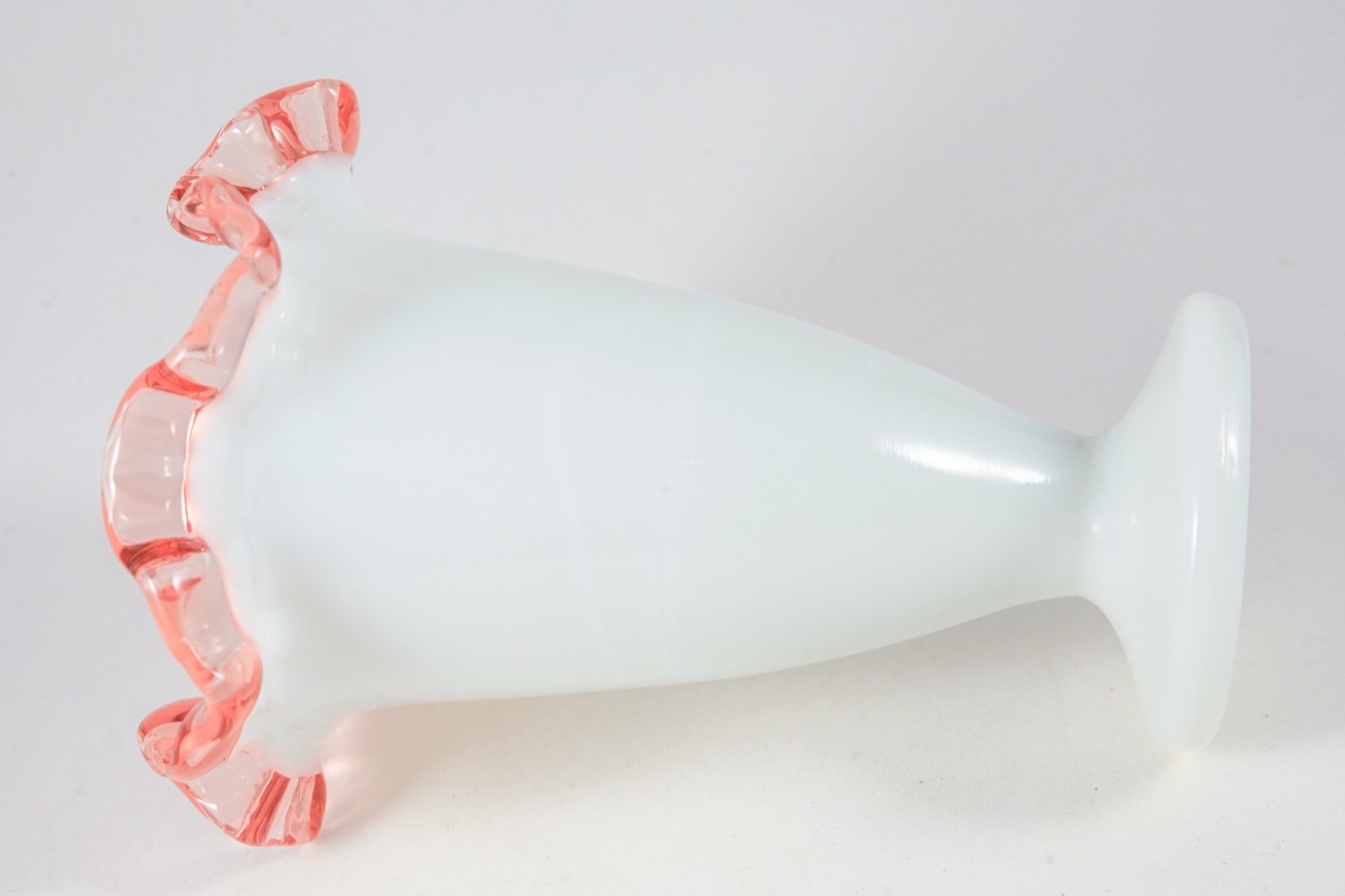Vintage Fenton Rose Crest Bud Vase Double Crimped Ruffled Pink Milk Glass 1940s