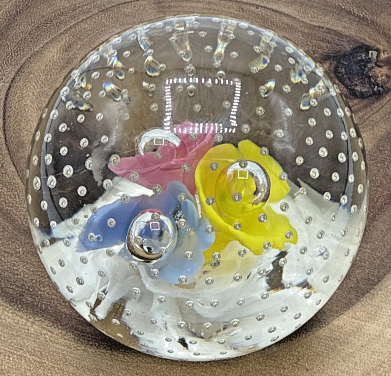 Vintage St Clair Trumpet Flowers Pink Blue Yellow Controlled Bubbles Paperweight