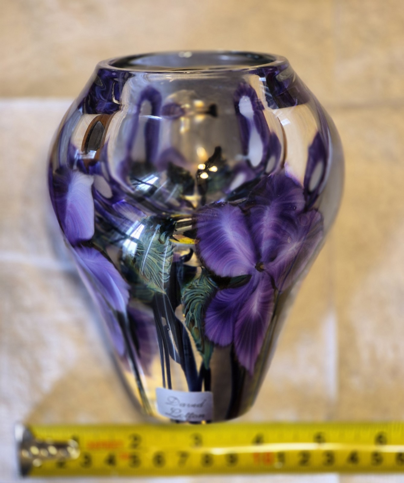 DAVID LOTTON 2001 VNTG PURPLE FLOWER HANDBLOWN GLASS ART VASE