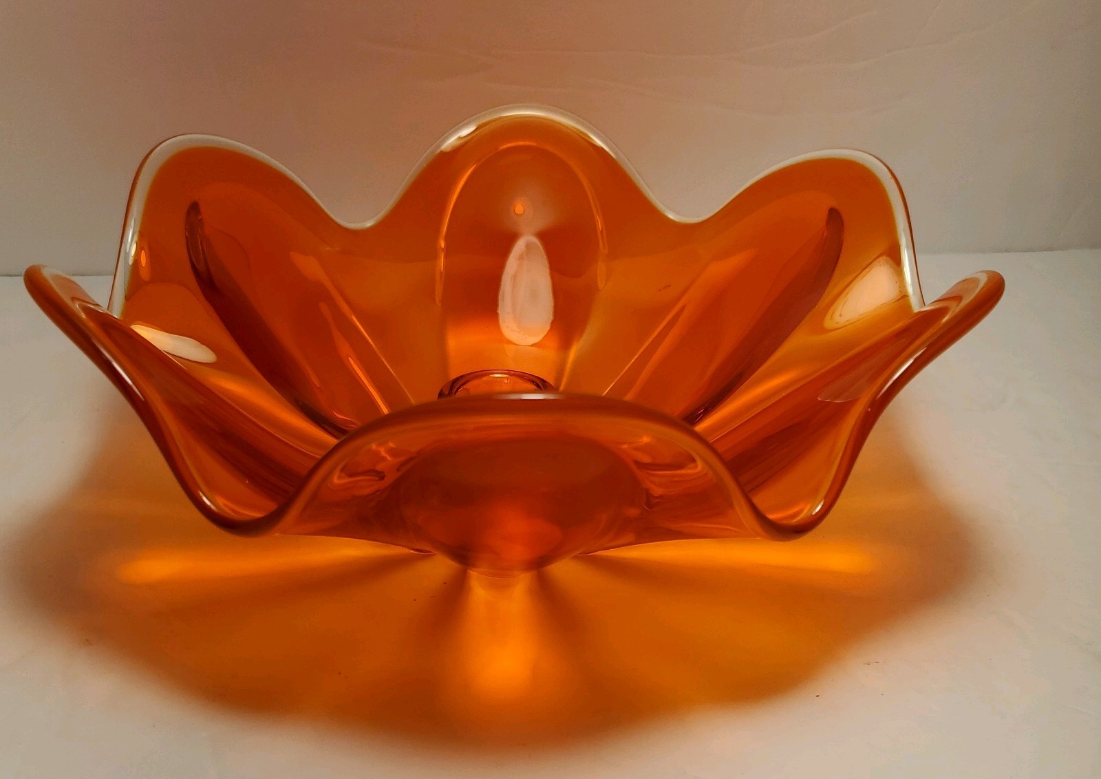 Vtg Mcm Viking Glass Orange Persimmon Flower Petals Smooth Candlestick Holder