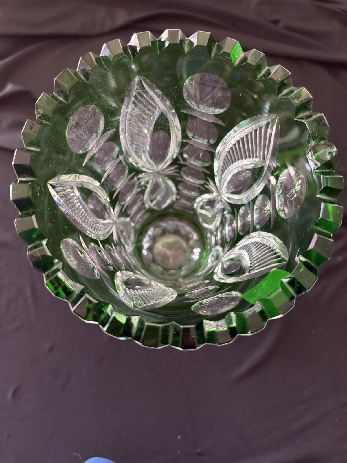 Vintage 11.5” Lausitzer Emerald Green Cut To Clear Crystal Vase See Photos