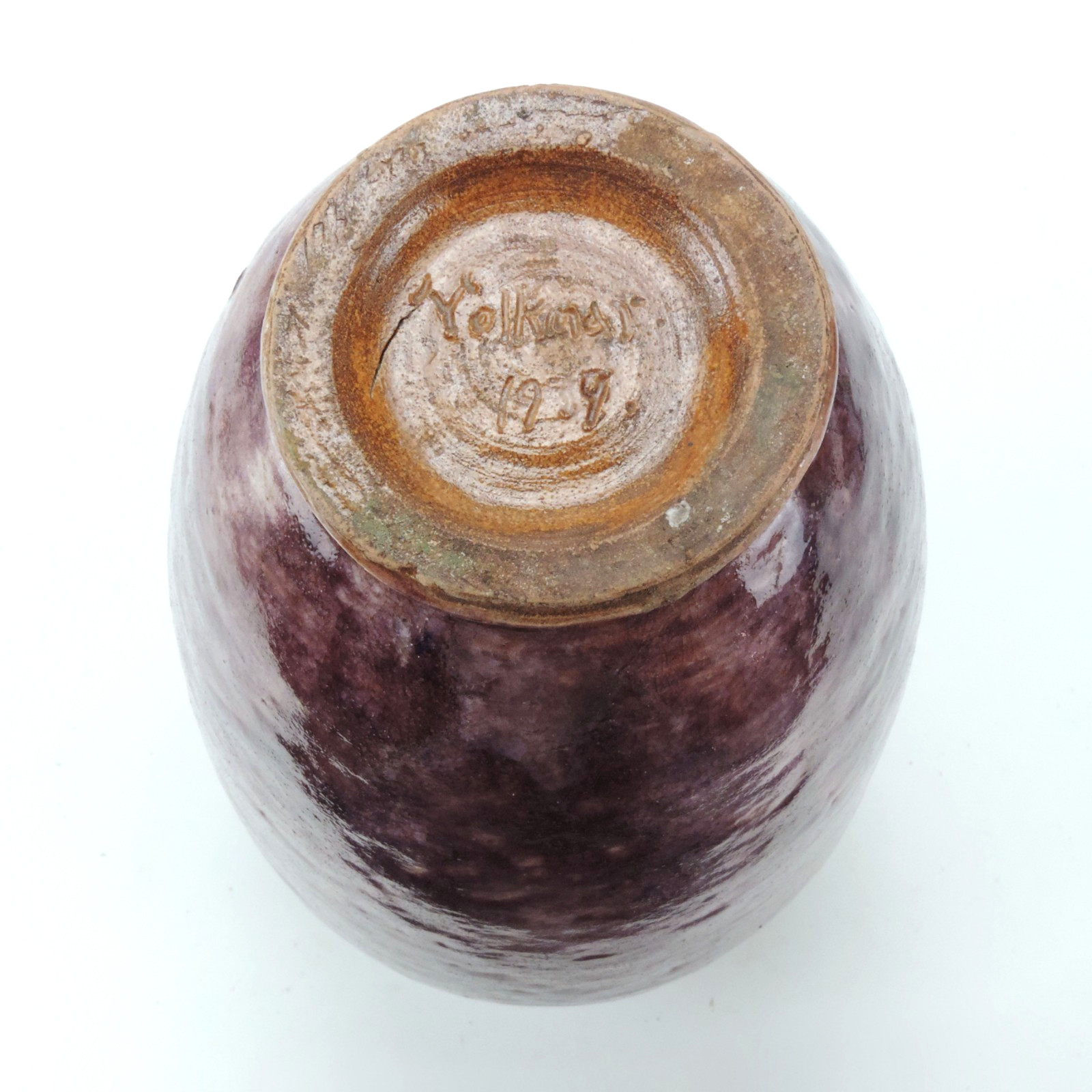 Leon Volkmar Studio Pottery Kilns 1939 purple vase 11.5″ MCM Arts & Crafts NY
