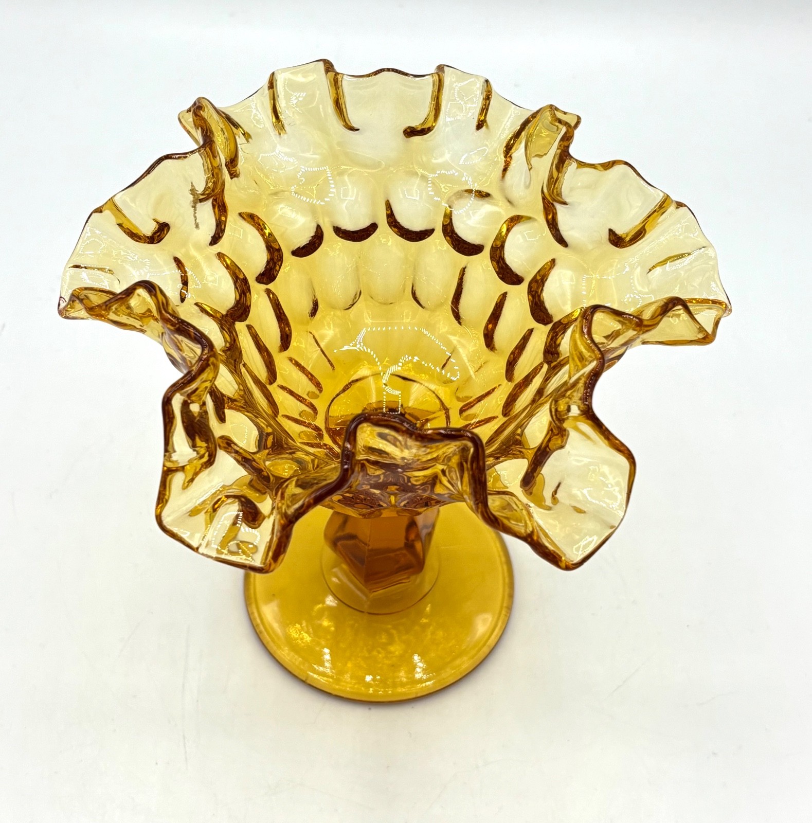 Vintage Fenton Glass Colonial Amber Thumbprint Ruffled Candy Compote Dish 6″