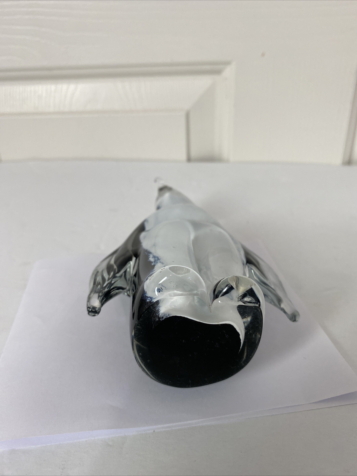 Hand Blown Art Glass Clear Black White Penguin Figurine 6” Tall Paperweight