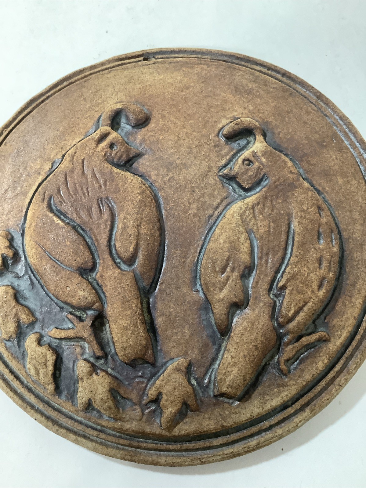 Round Wall Plaque Deanna Nichols Art Pottery Quail Bird Brown Artist Signed 5.5”