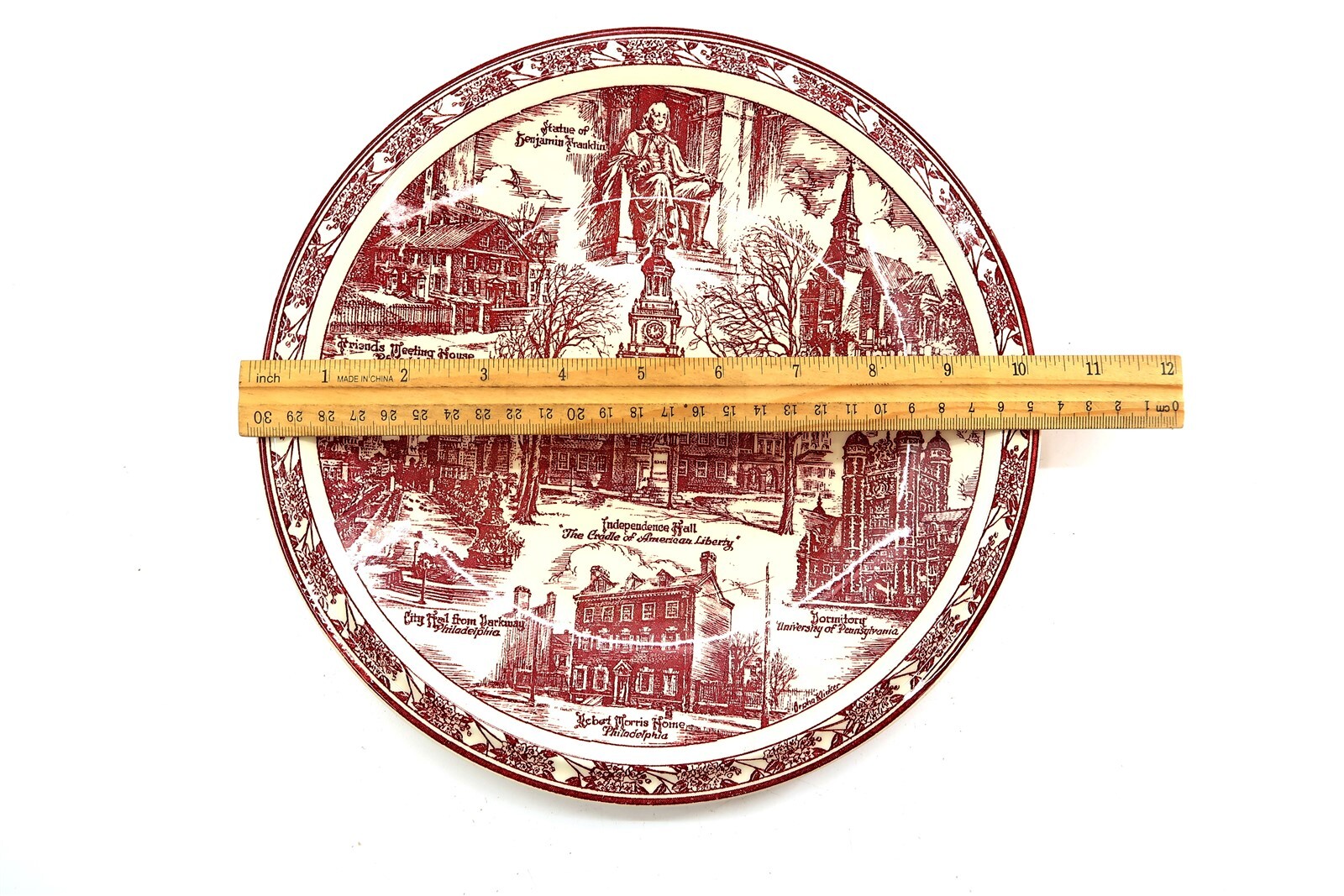 Vintage VERNON KILNS Cradle of Liberty Red Transferware Plate Independence Hall