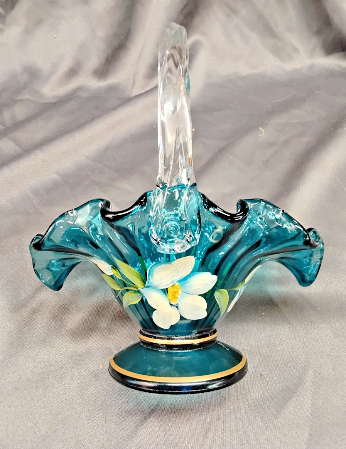 Fenton Iridized Teal Basket in Rose Magnolia hand painted decoration