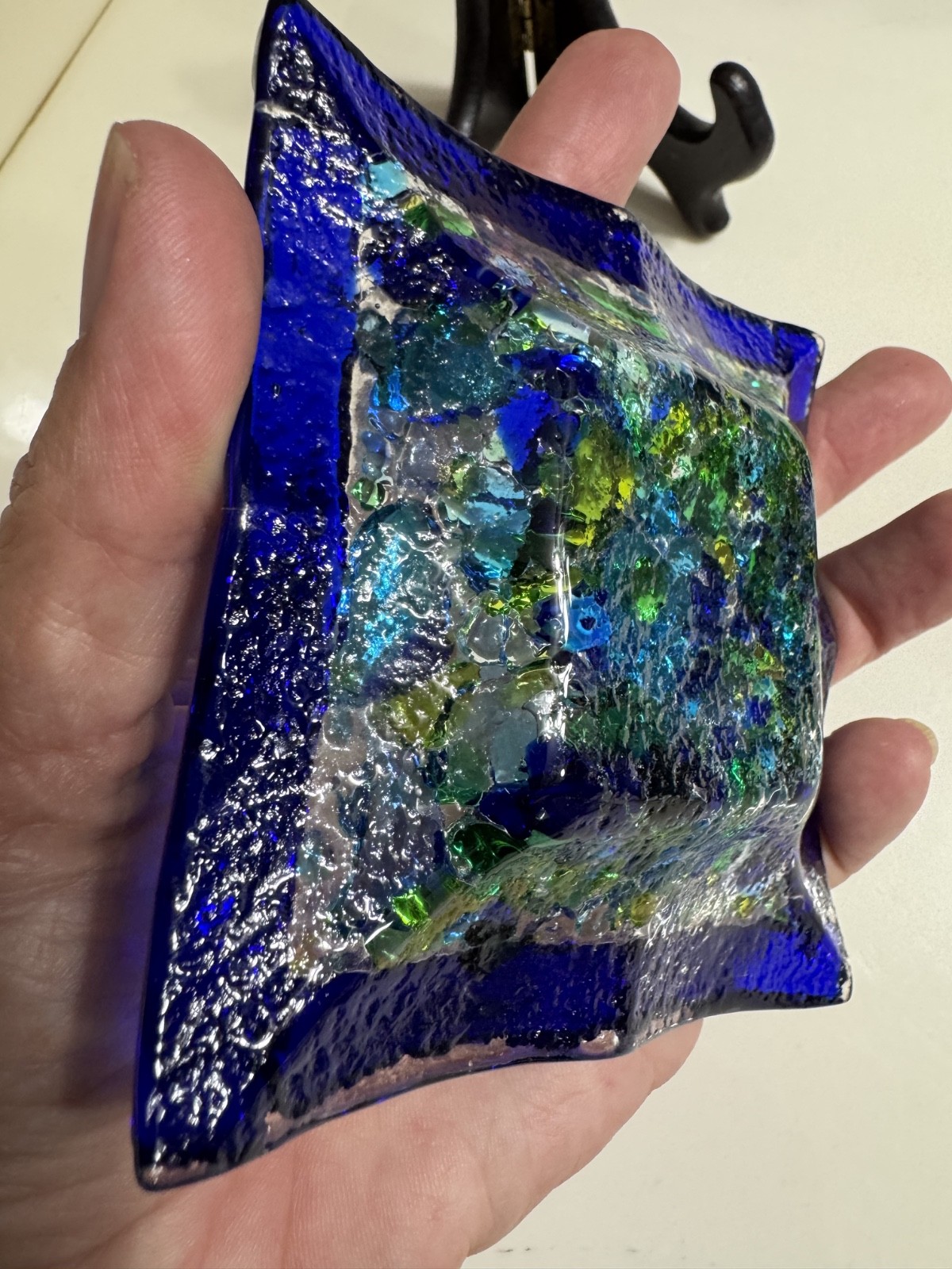 Murano Venetia Hand Fused Millefiori Blue Art Glass Candy Trinket Dish Square