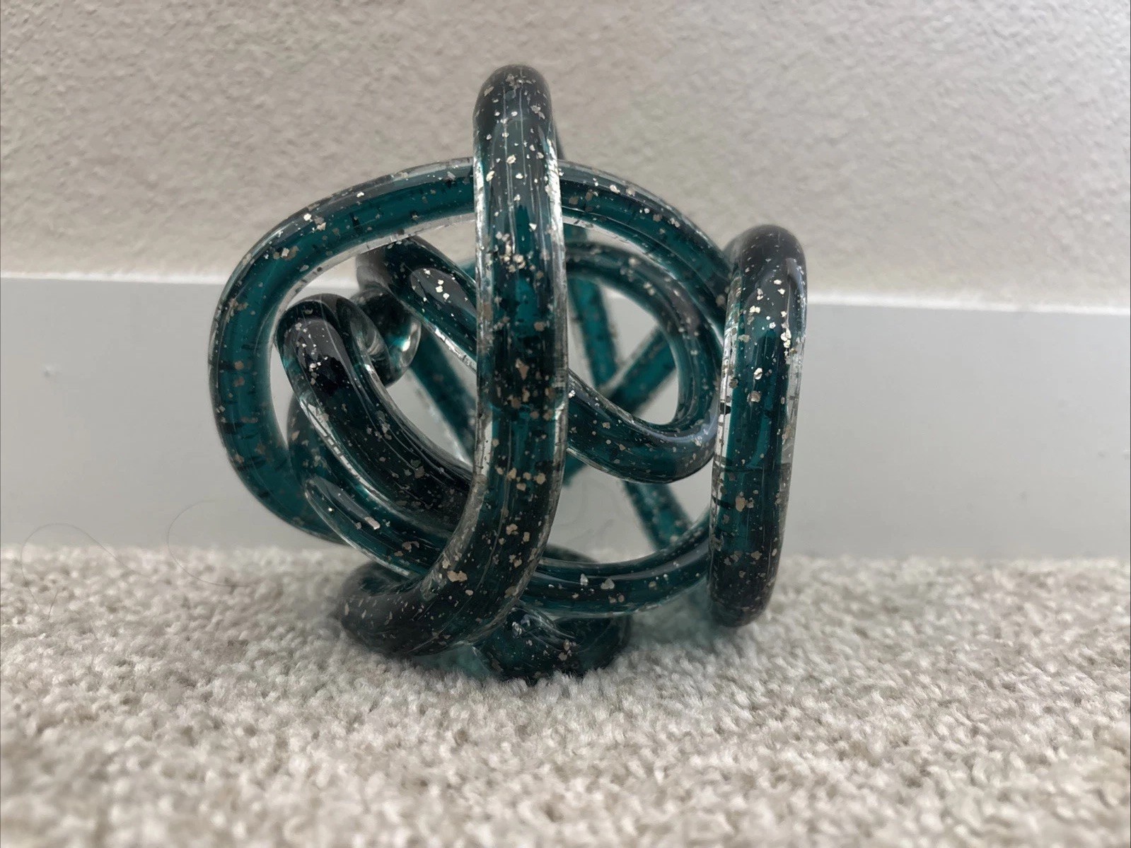 Abstract Art Glass Knot Twisted Figurine Green Teal Sparkle Gold Inclusions