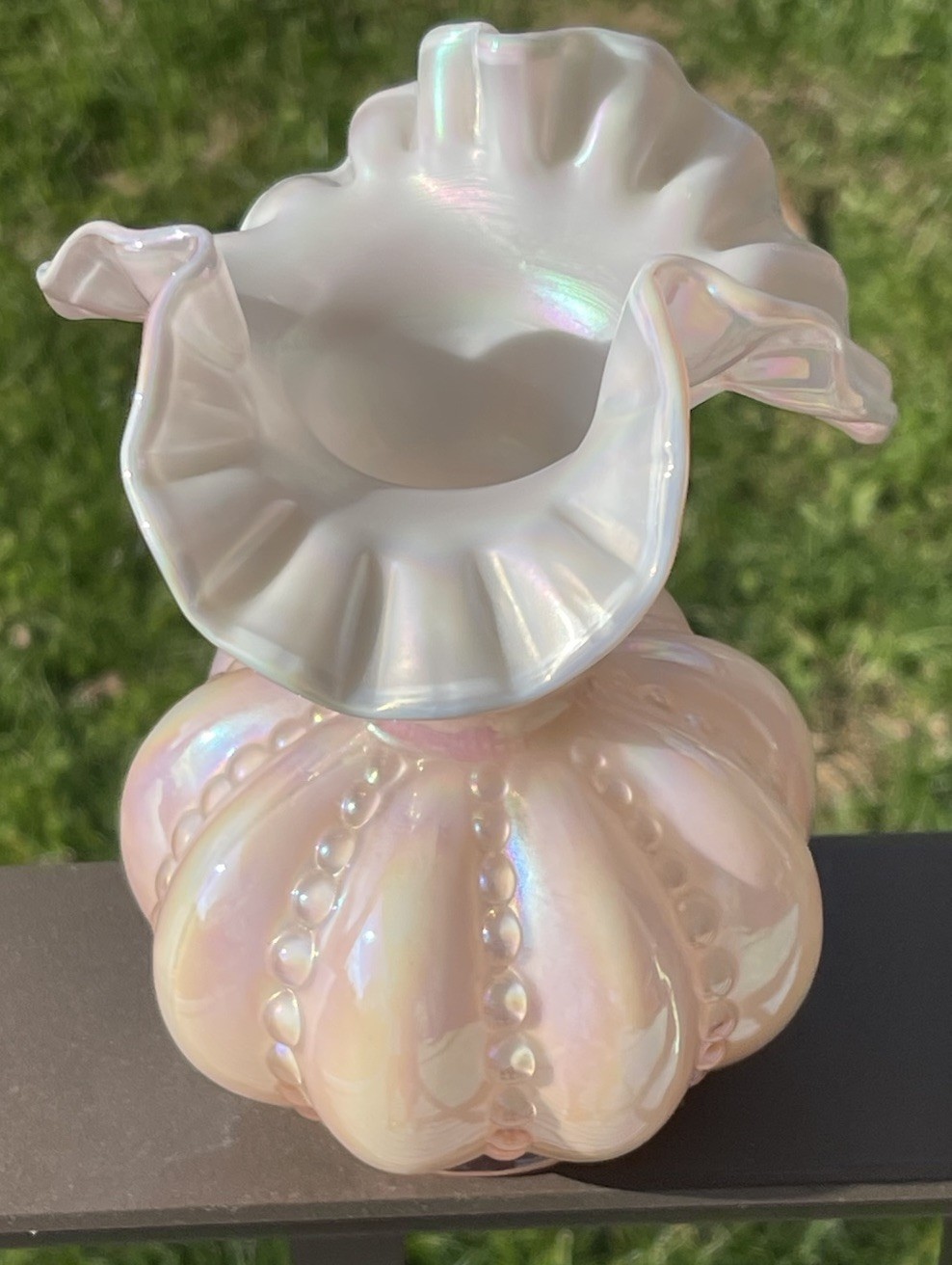 FENTON MELON VASE IRIDESCENT PINK BEADED RUFFLE EDGE SIGNED DAN FENTON