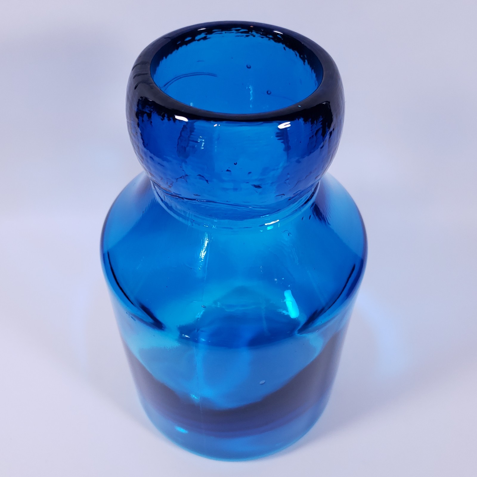 LARGE MCM Aquamarine Sapphire Blue Thick Heavy Blown Art GLASS JUG BOTTLE VASE