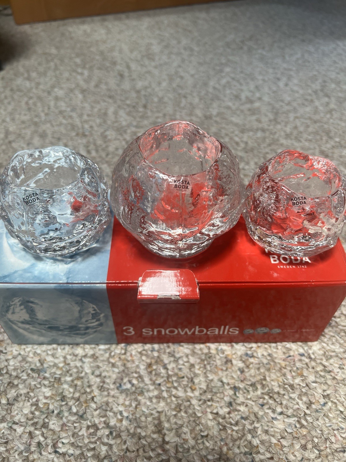 Kosta Boda Sweden Glass Snowball Tea Light Votive Candle Holders Set of 3 Boxed
