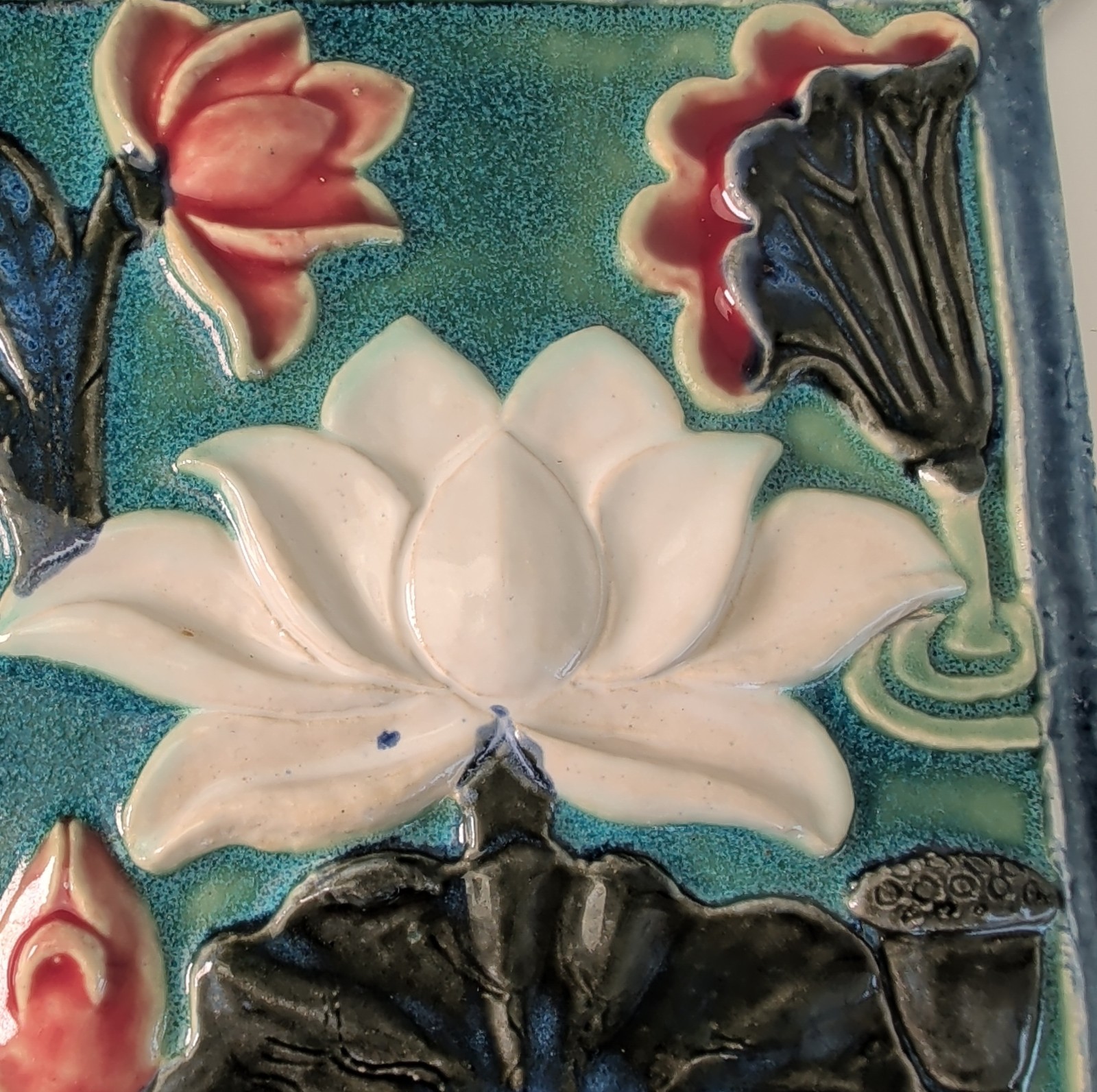 Signed LG Majolica Style Ceramic Lotus Flower Wall Plaque Studio Pottery Tile