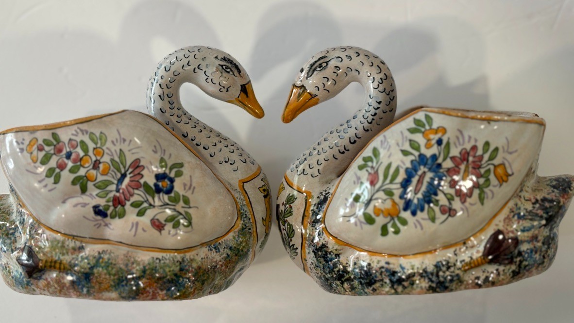 Antique Pair Malicorne Faience Swan Cachepots LD Leroy Dubois French Pottery