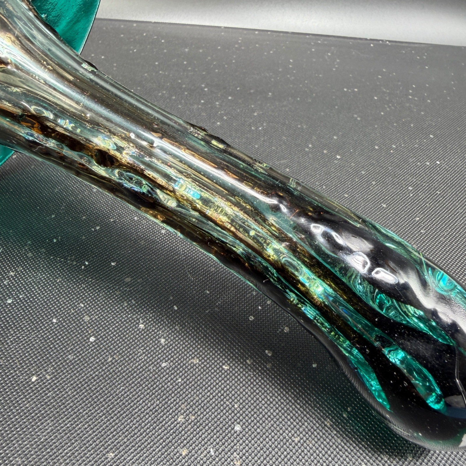 Art Glass Vase Green Dichroic Iridescent Hand Blown with Metal Stand Fused Glass