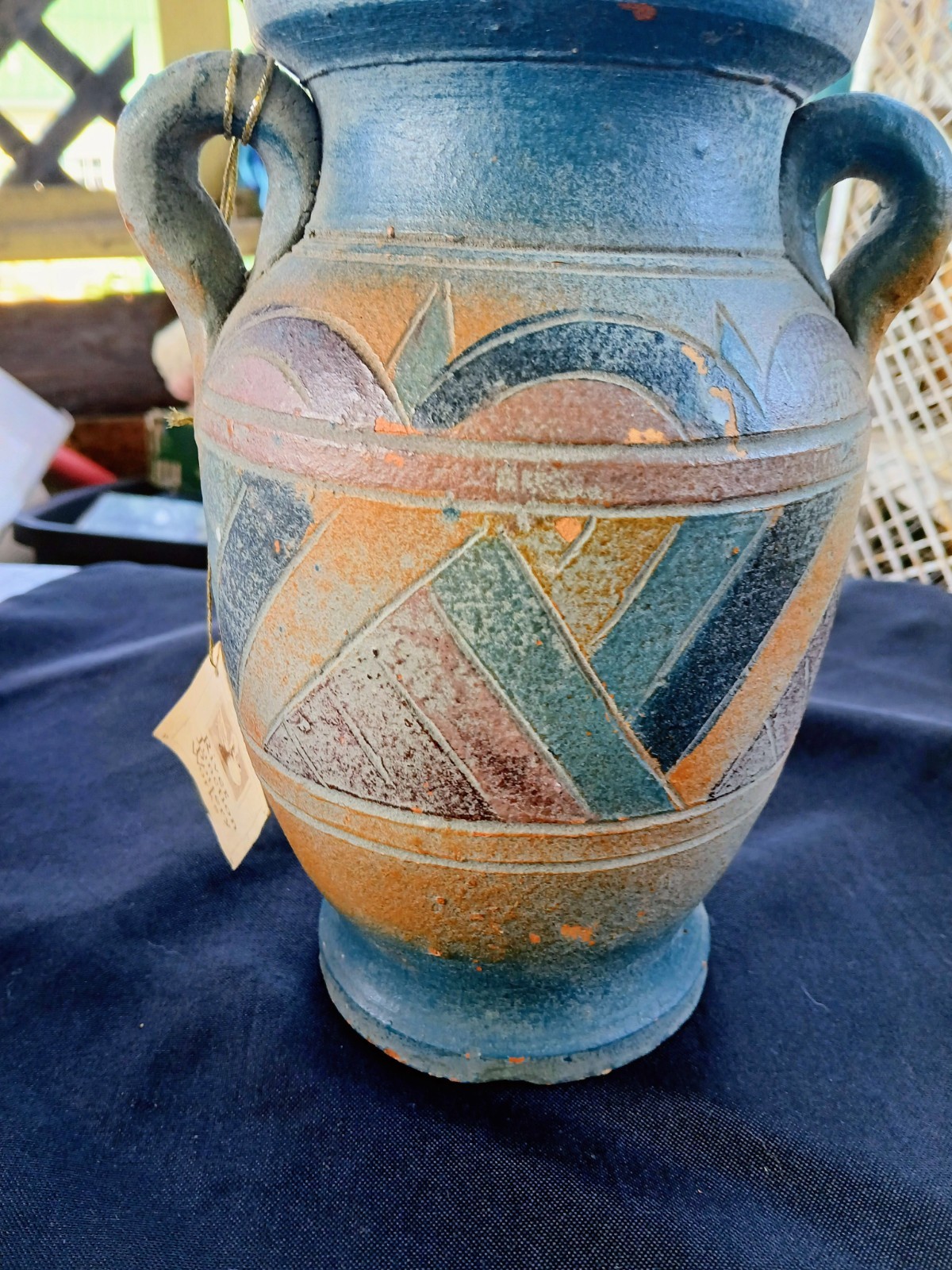 ​Vintage River Junction Pottery Works Double Handled Vase Southwestern Geometric