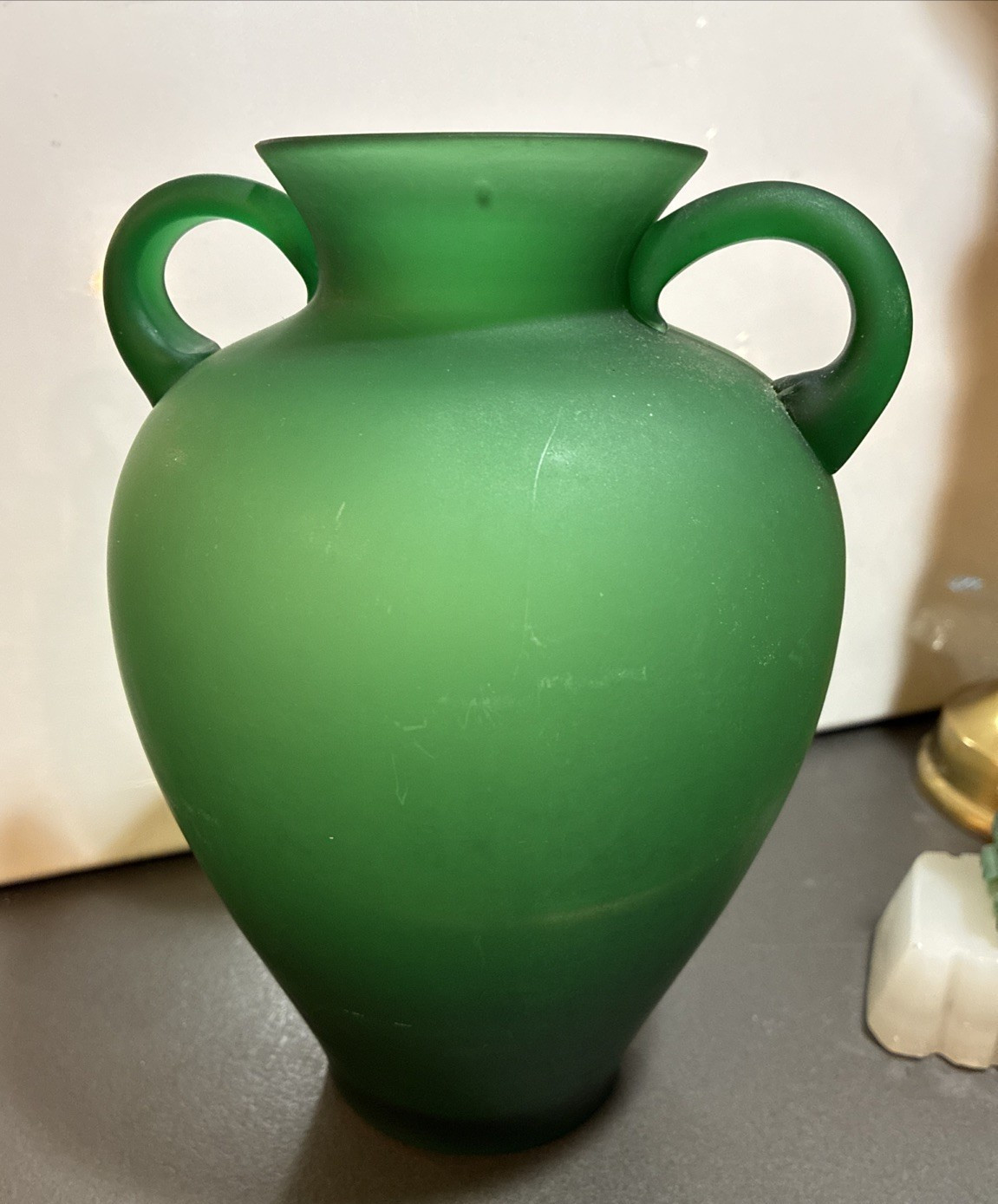 Vintage Carnevale Green Satin Frosted Round Glass Vase Double Handled 8″
