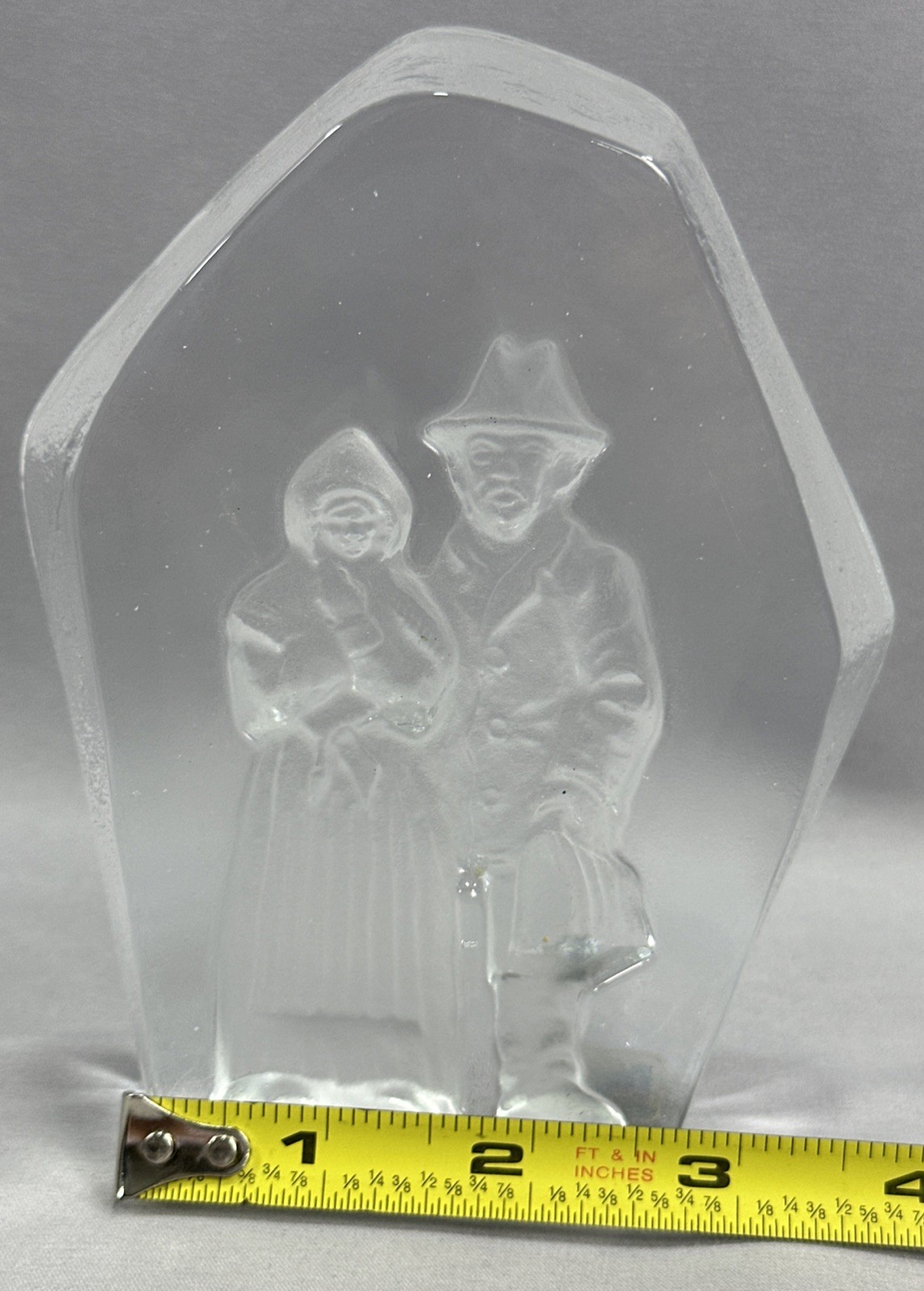 Nybro Sweden Carved Etched Art Glass Paperweight By Rune Strand People 5.5”