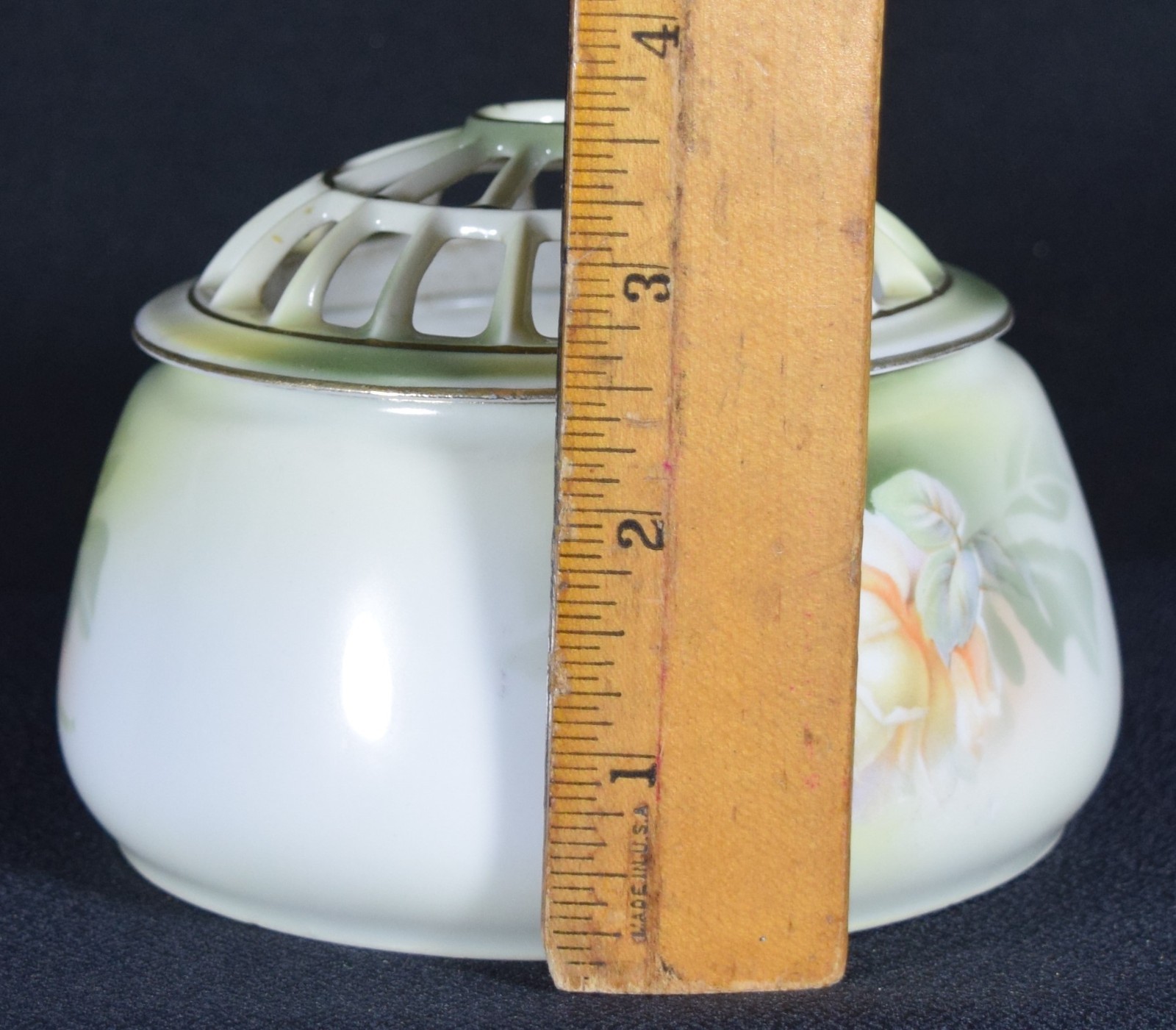 Vintage RS Germany 2 Piece Porcelain Flower Frog & Vase or Bowl w/ Yellow Roses