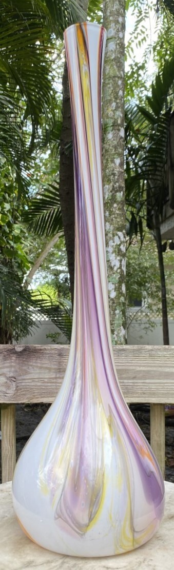 UNIQUE TALL ART GLASS HAND BLOWN VASE, TEARDROP, LONG NECK, 33” TALL, OOAK